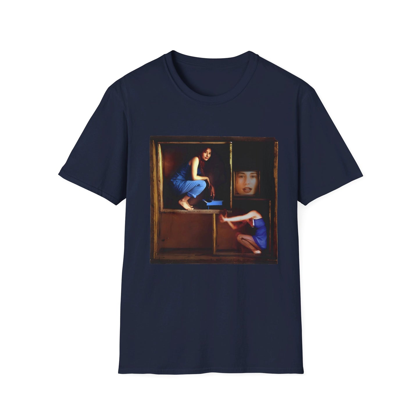 tori amos on a shelf in a crate playing a small piano surrounded by other amos's on a tshirt