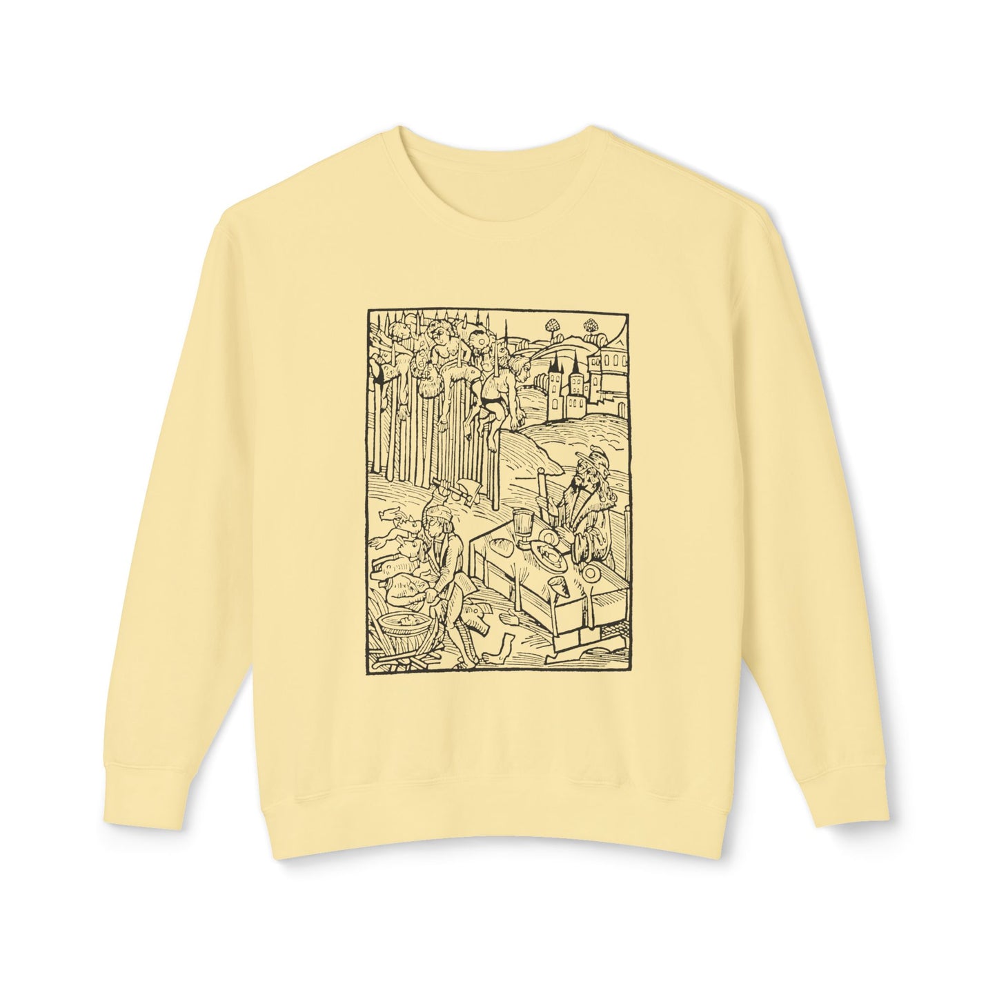 vlad the impaler dining near the mutilated bodies of his victims 1499 german woodcut by ambrosius huber 100% cotton sweatshirt