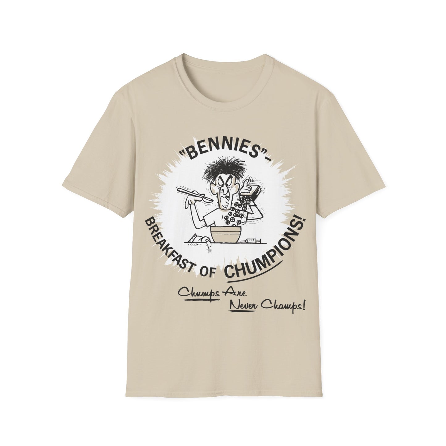 1960s/70s anti-drug poster tshirt "bennies - breakfast of chumpions! chumps are never champs!" by smartset smarteen s.o.s tshirt