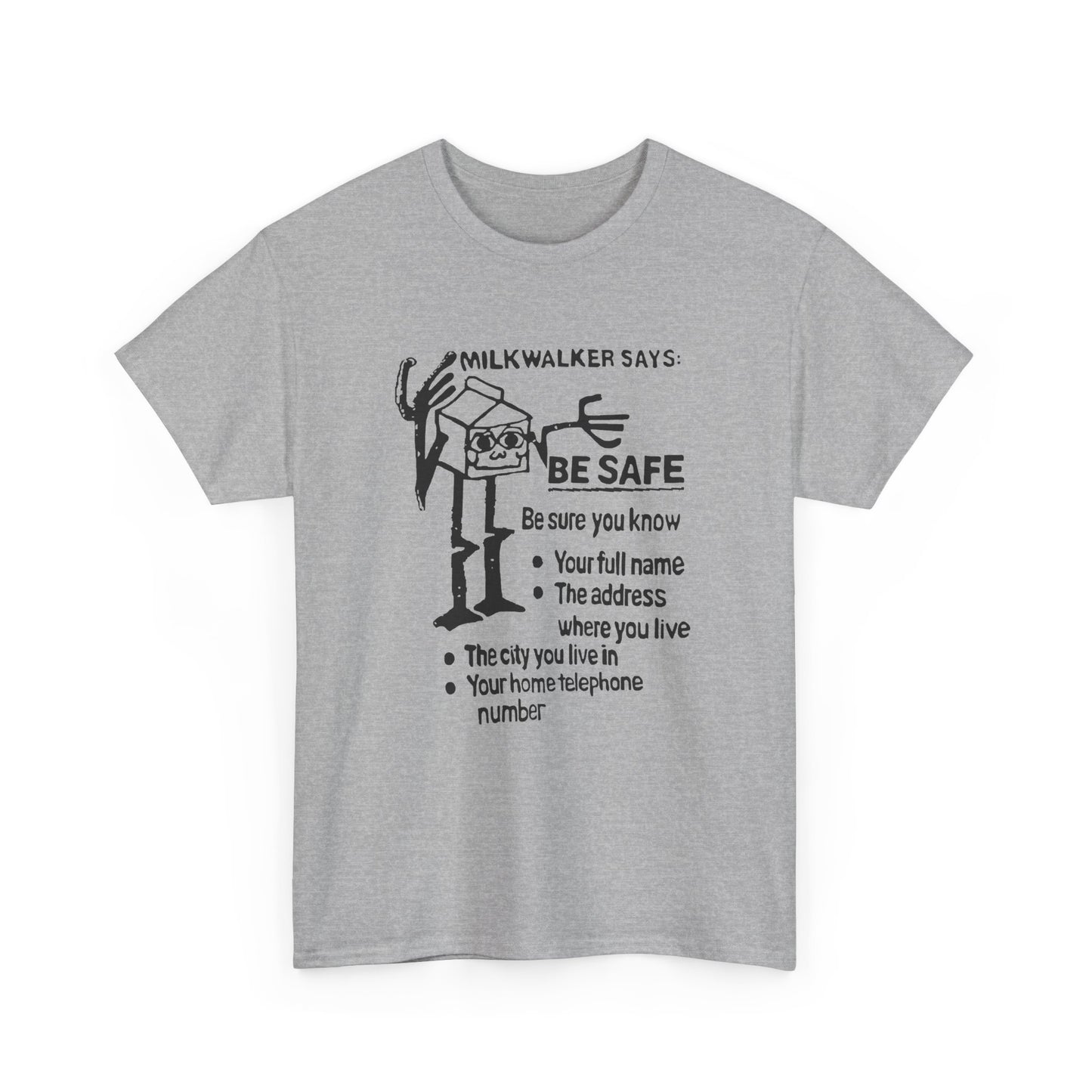 mid 80s darigold anthropomorphic milk carton safety message reproduction in black tshirt