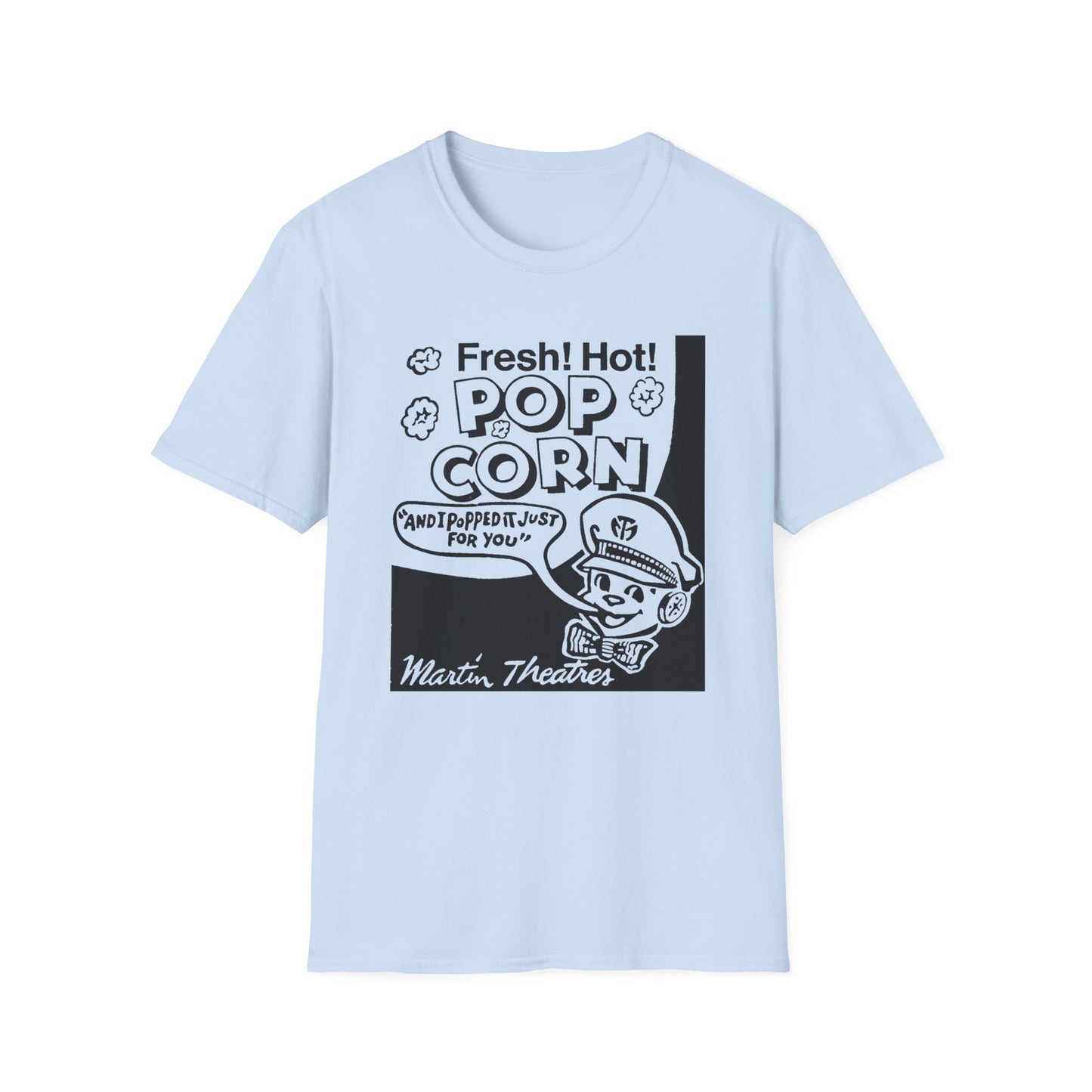 1940s popcorn box logo for martin theatres with a cute little popcorn mascot tshirt