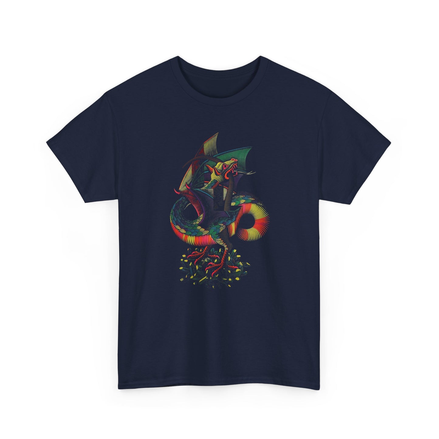 m.c escher 1952 woodcut dragon colorized reproduction tshirt