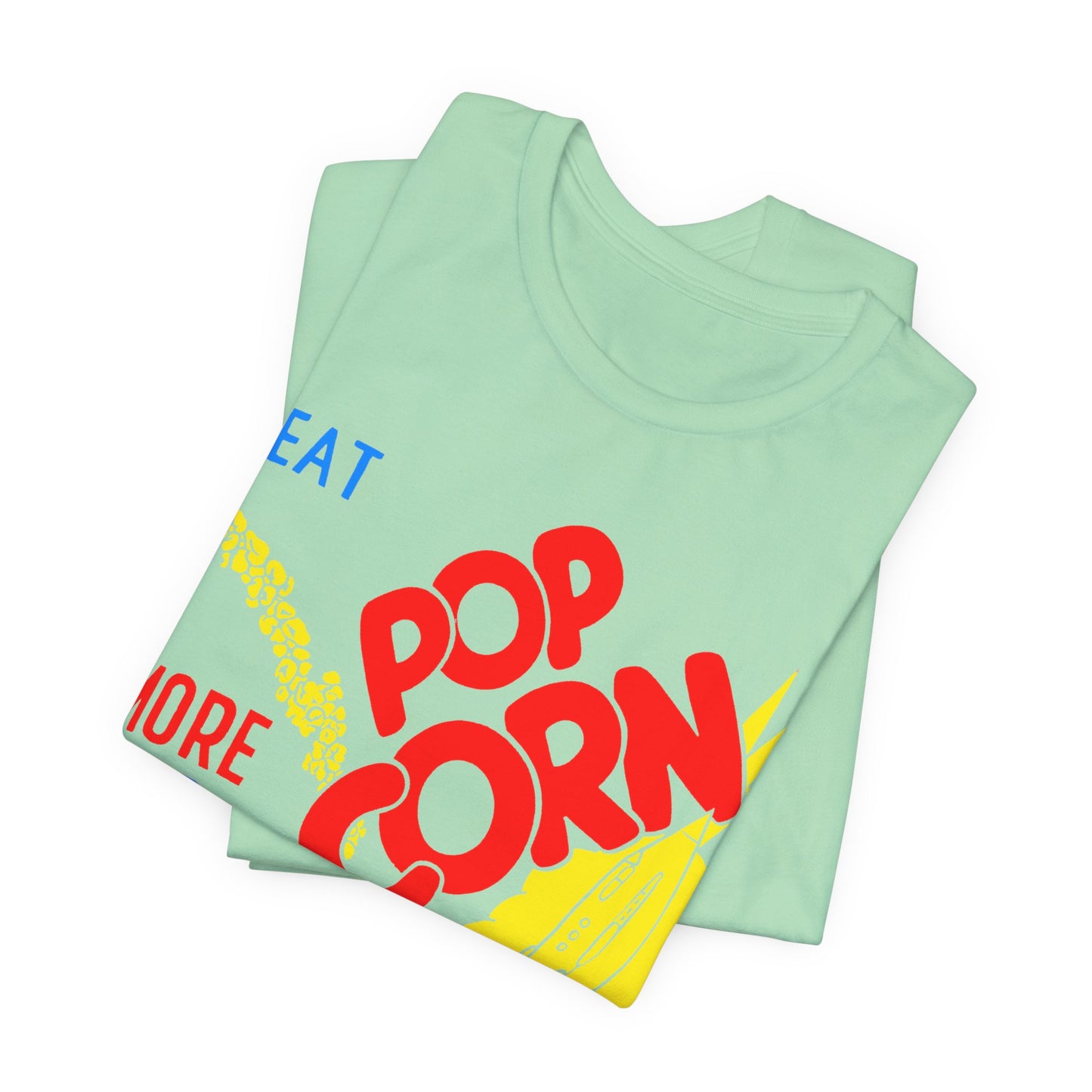 1950s coloured popcorn box logo "eat popcorn more and more and more out of this world!" on a new unisex softstyle tshirt