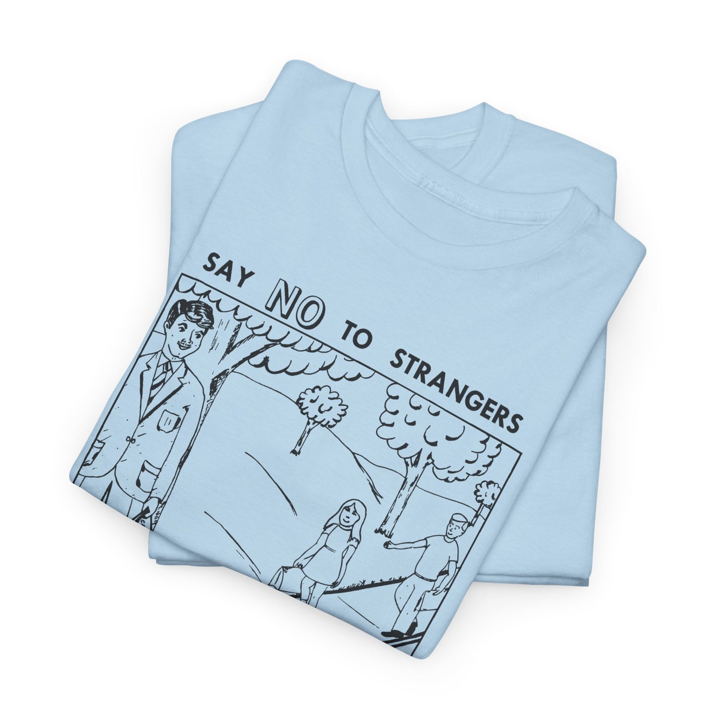 vintage block parents graphic say no to strangers reproduction tshirt