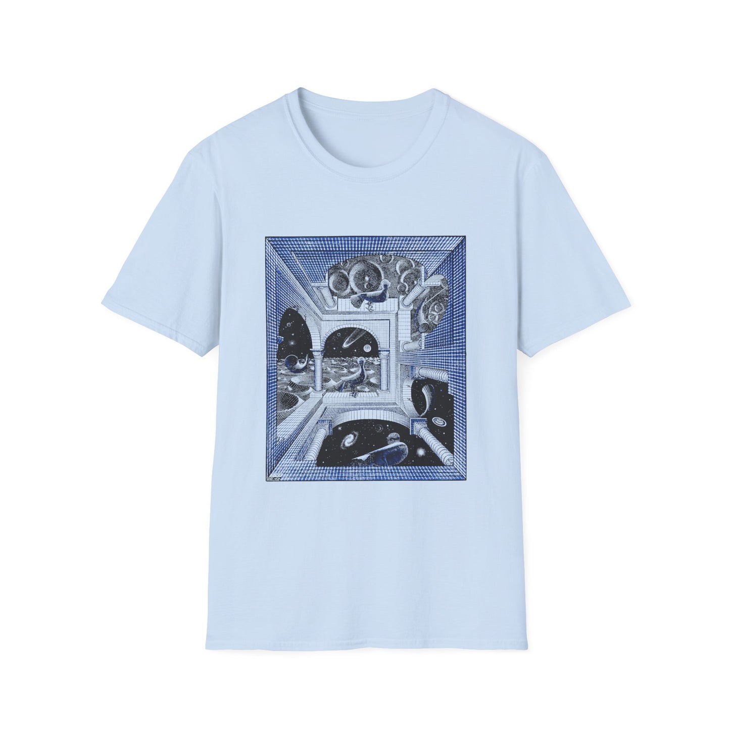 1947 m.c escher another world in blue tshirt