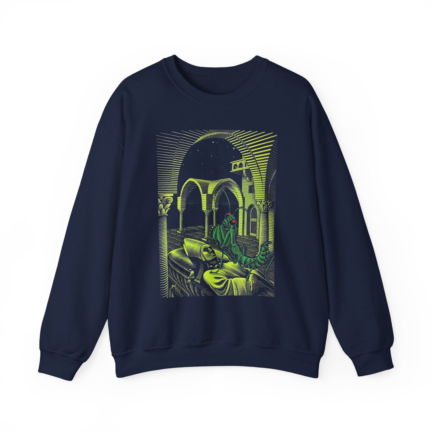 m.c escher dream (mantis religiosa) wood engraving (colorized) gildan 18000 sweatshirt