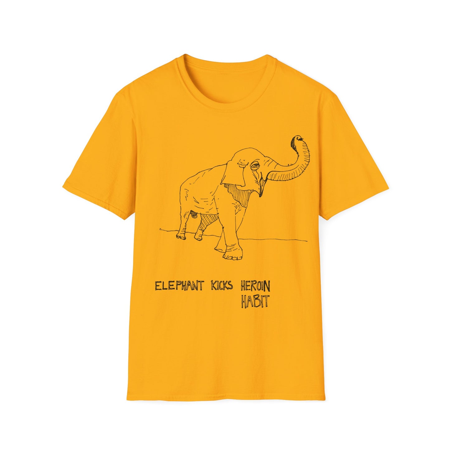 elephant kicks heroin habit original drawing tshirt. reference to xiguang the elephant