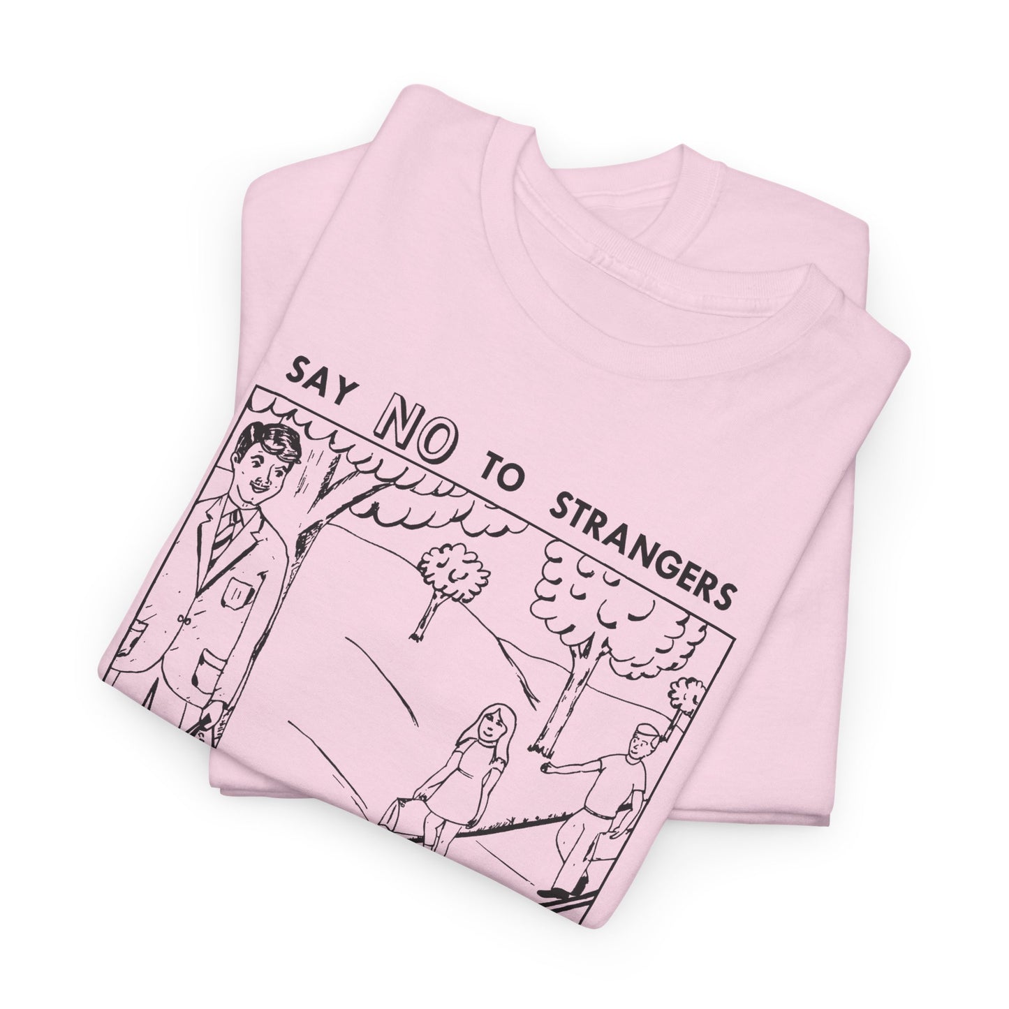 vintage block parents graphic say no to strangers reproduction tshirt
