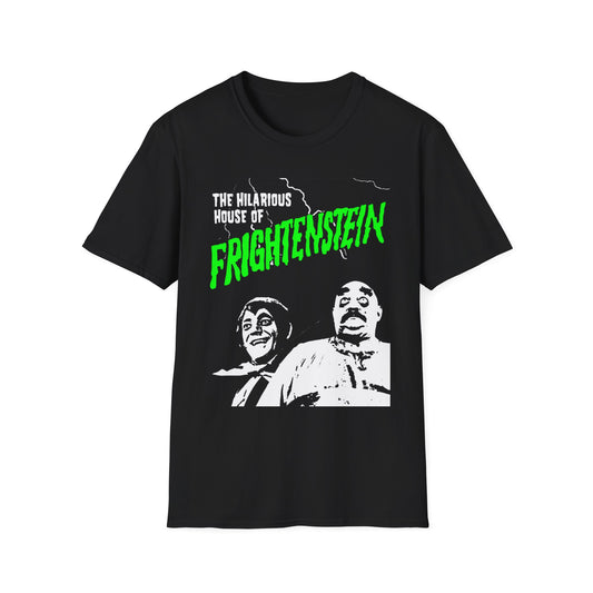 the hilarious house of frightenstein in green lettering tshirt