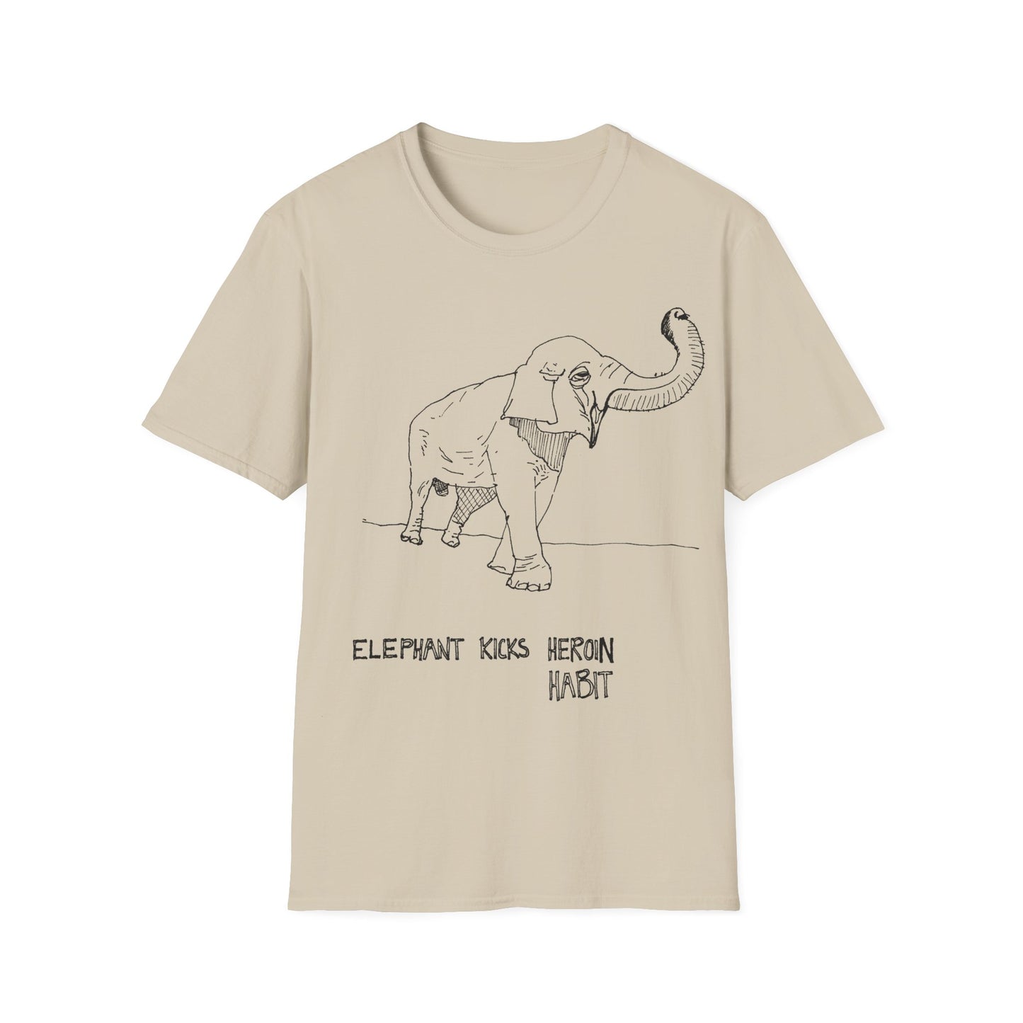 elephant kicks heroin habit original drawing tshirt. reference to xiguang the elephant