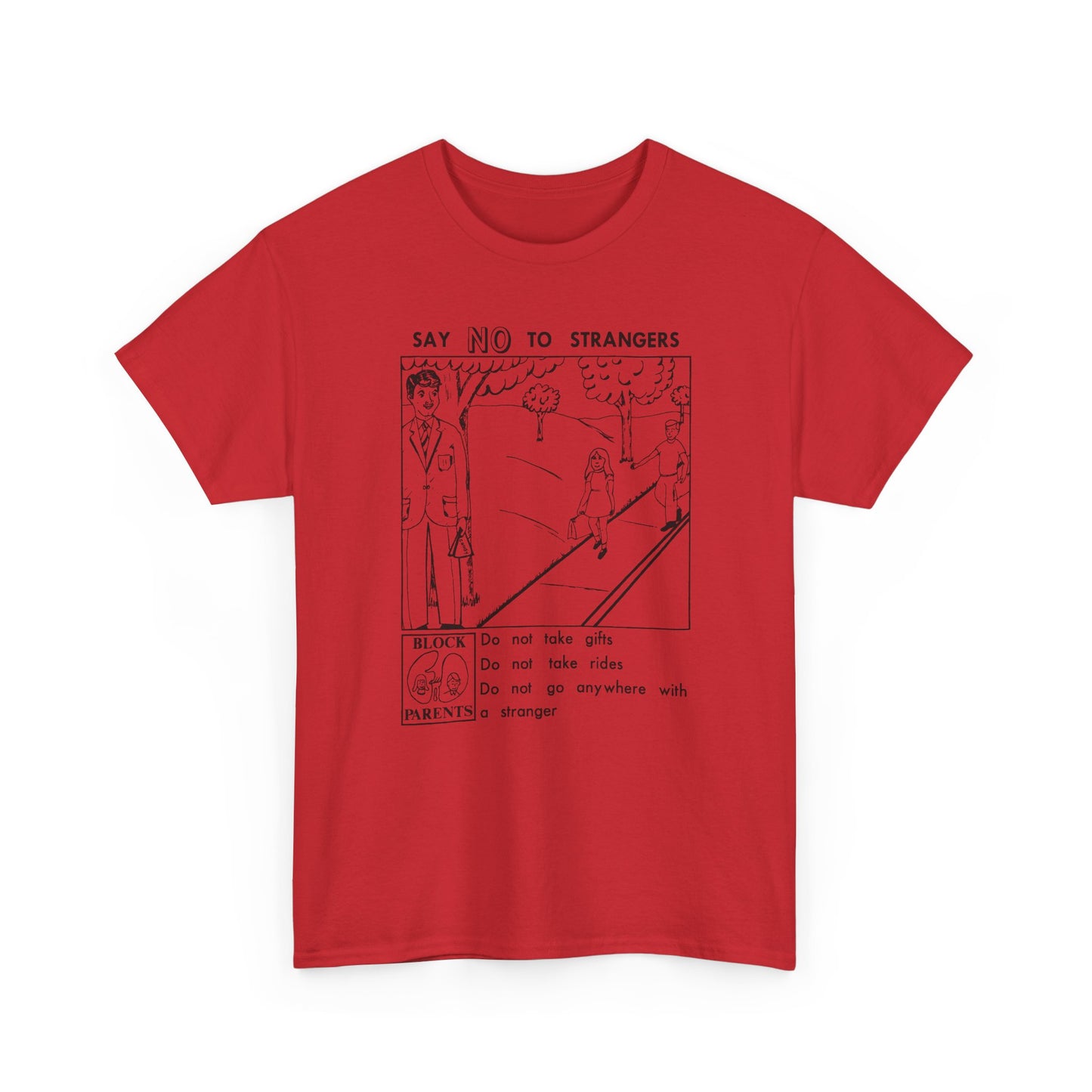 vintage block parents graphic say no to strangers reproduction tshirt