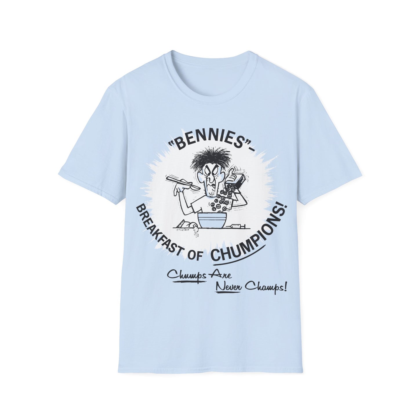 1960s/70s anti-drug poster tshirt "bennies - breakfast of chumpions! chumps are never champs!" by smartset smarteen s.o.s tshirt