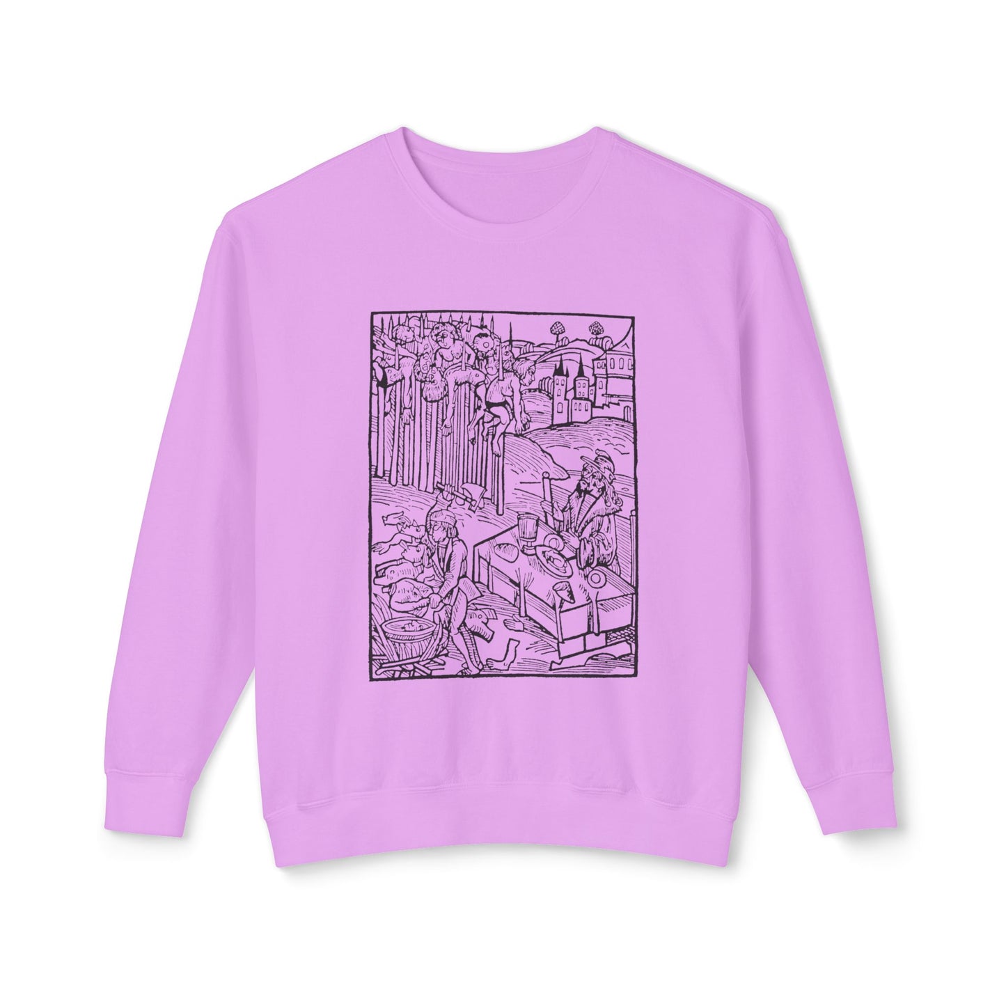 vlad the impaler dining near the mutilated bodies of his victims 1499 german woodcut by ambrosius huber 100% cotton sweatshirt