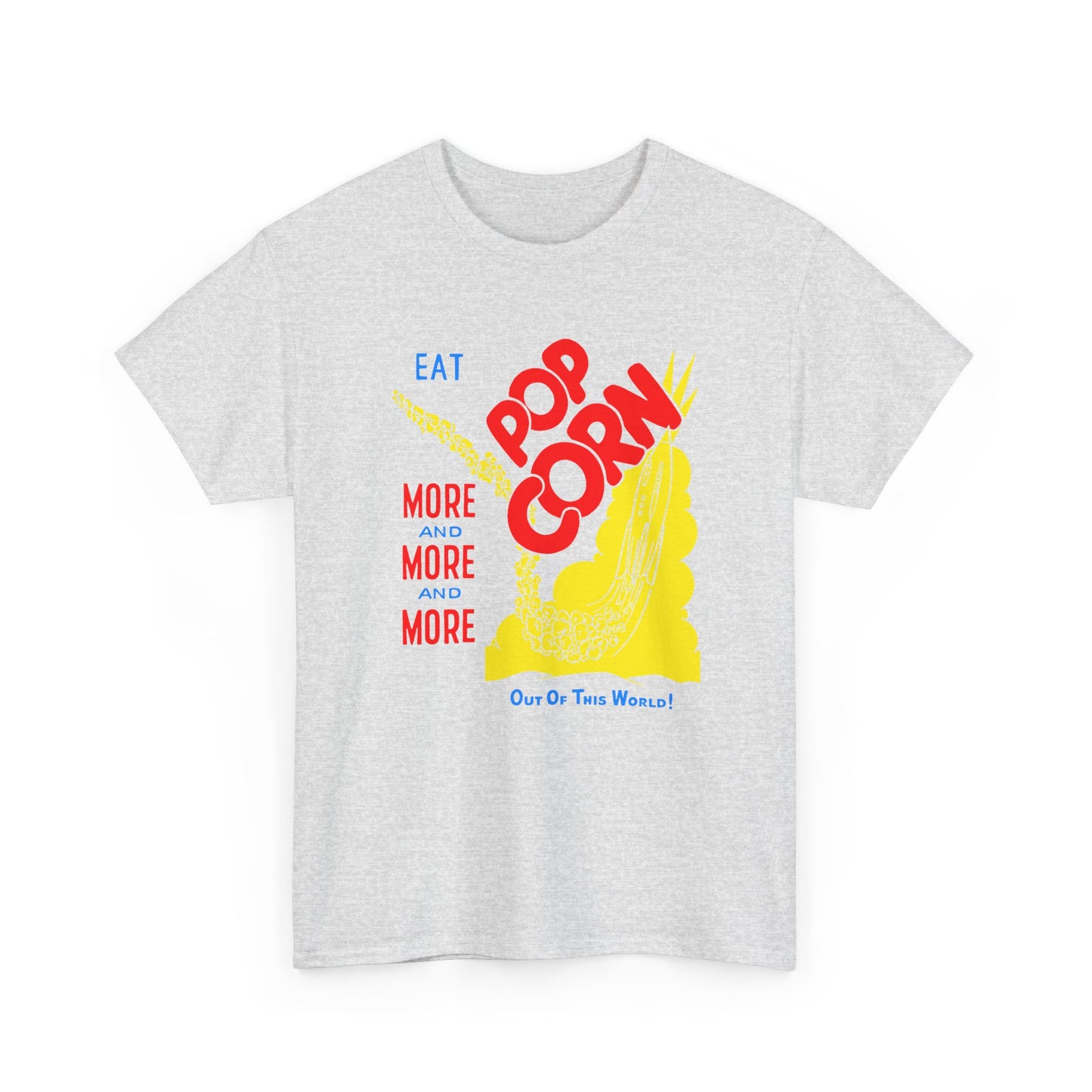 1950s coloured popcorn box logo eat popcorn more and more and more out of this world! tshirt