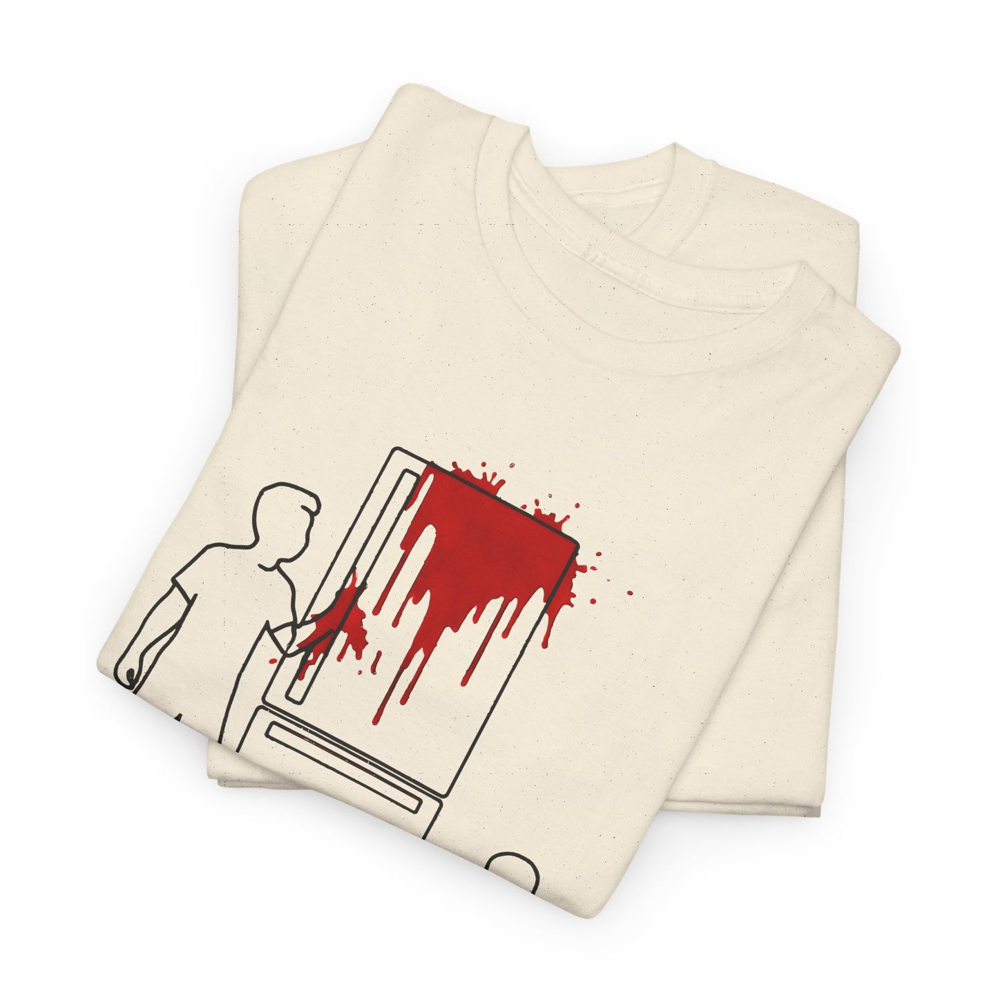 weird kitchen scene with ketchup on a fridge tshirt