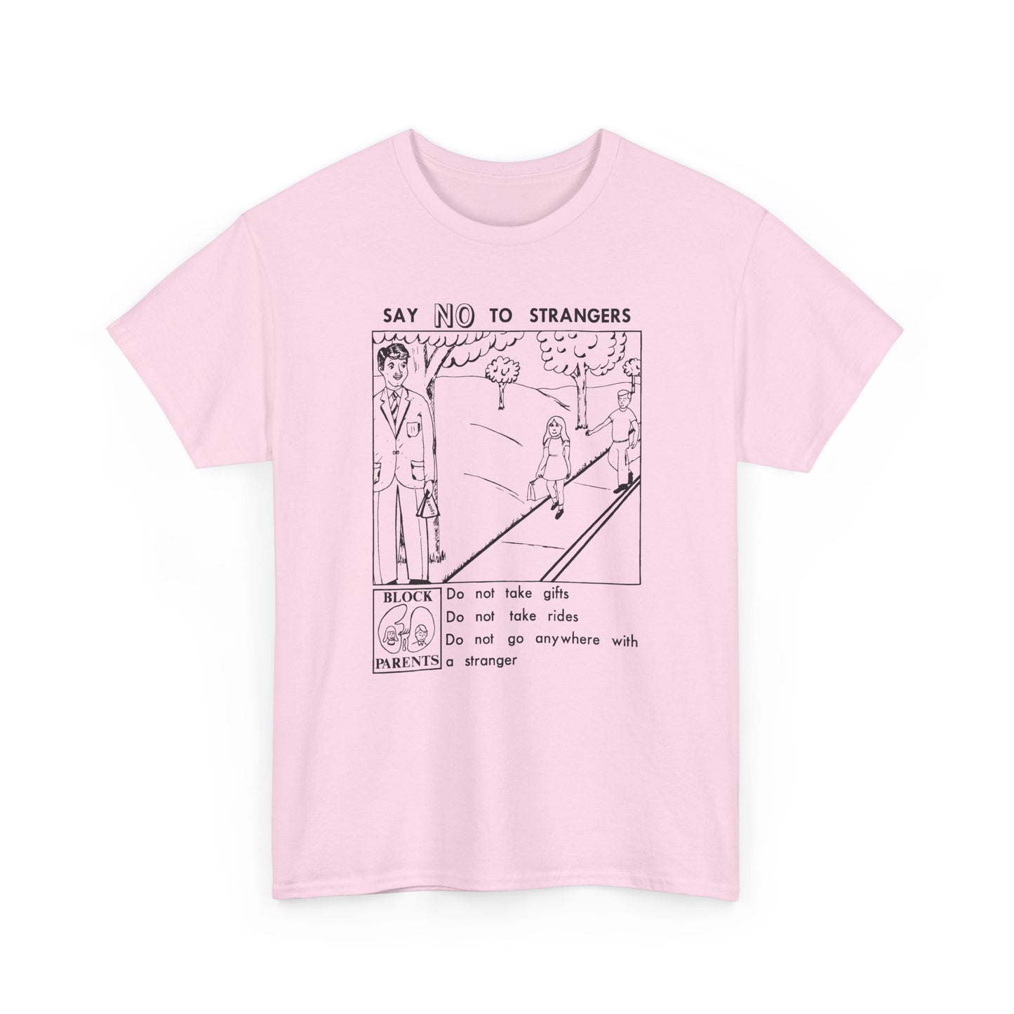 vintage block parents graphic say no to strangers reproduction tshirt