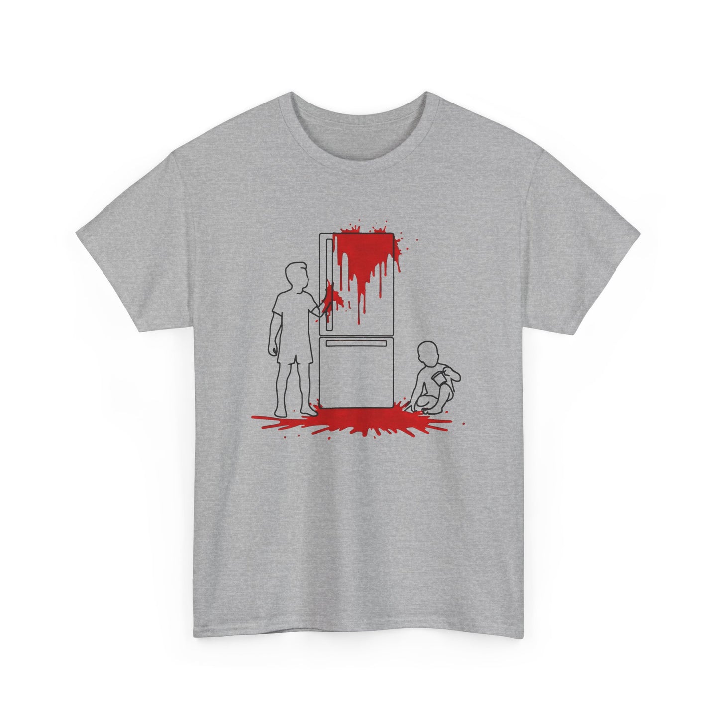 weird kitchen scene with ketchup on a fridge tshirt