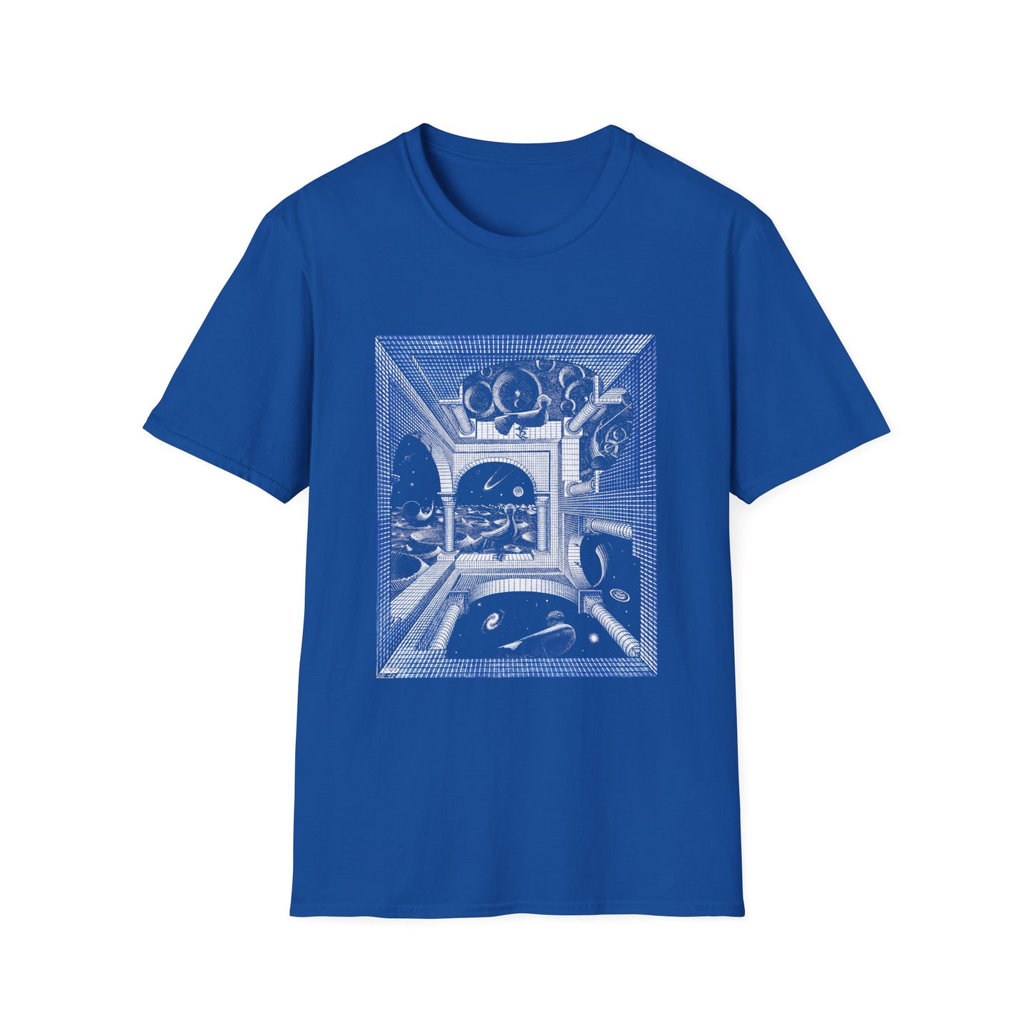 1947 m.c escher another world in blue tshirt