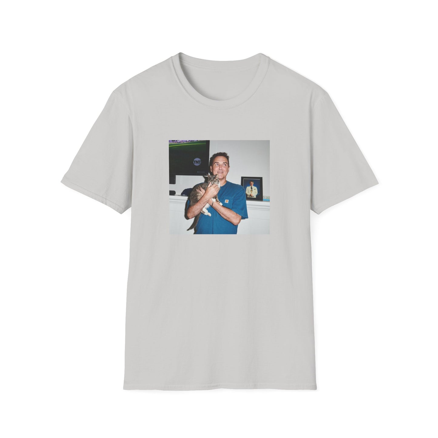 norm macdonald and his cat in front of a framed picture of steve martin close up tshirt