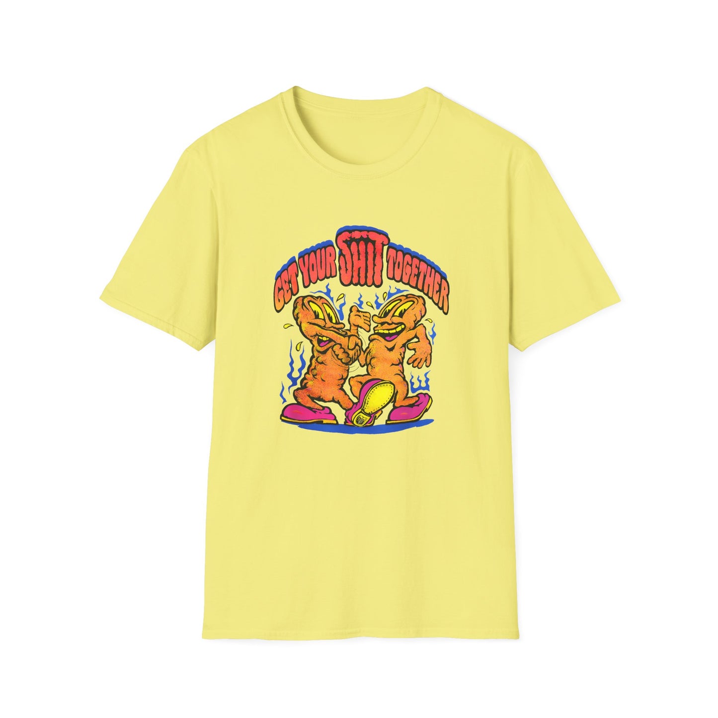 1970s graphic get your shit together two shits shaking hands tshirt