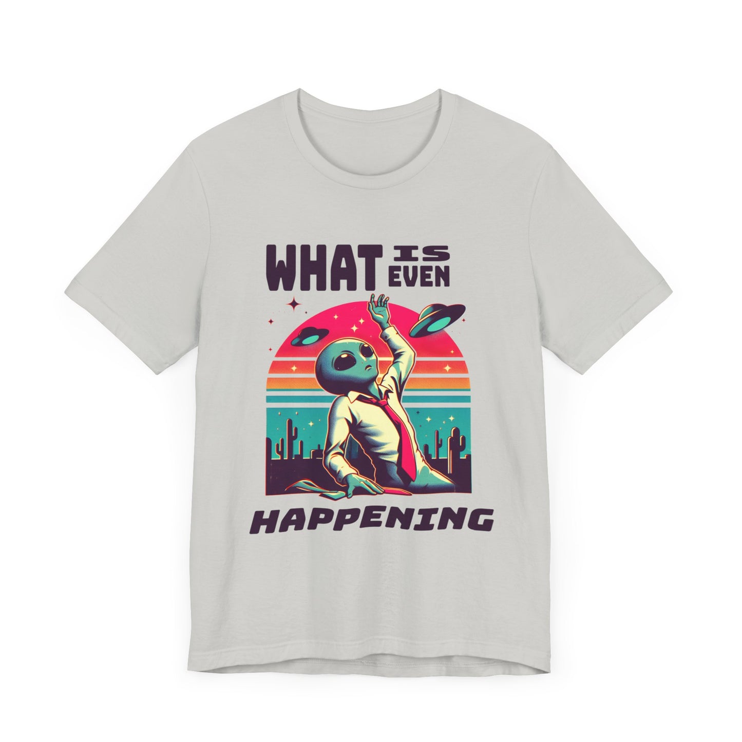 what is even happening floating businessman alien tshirt