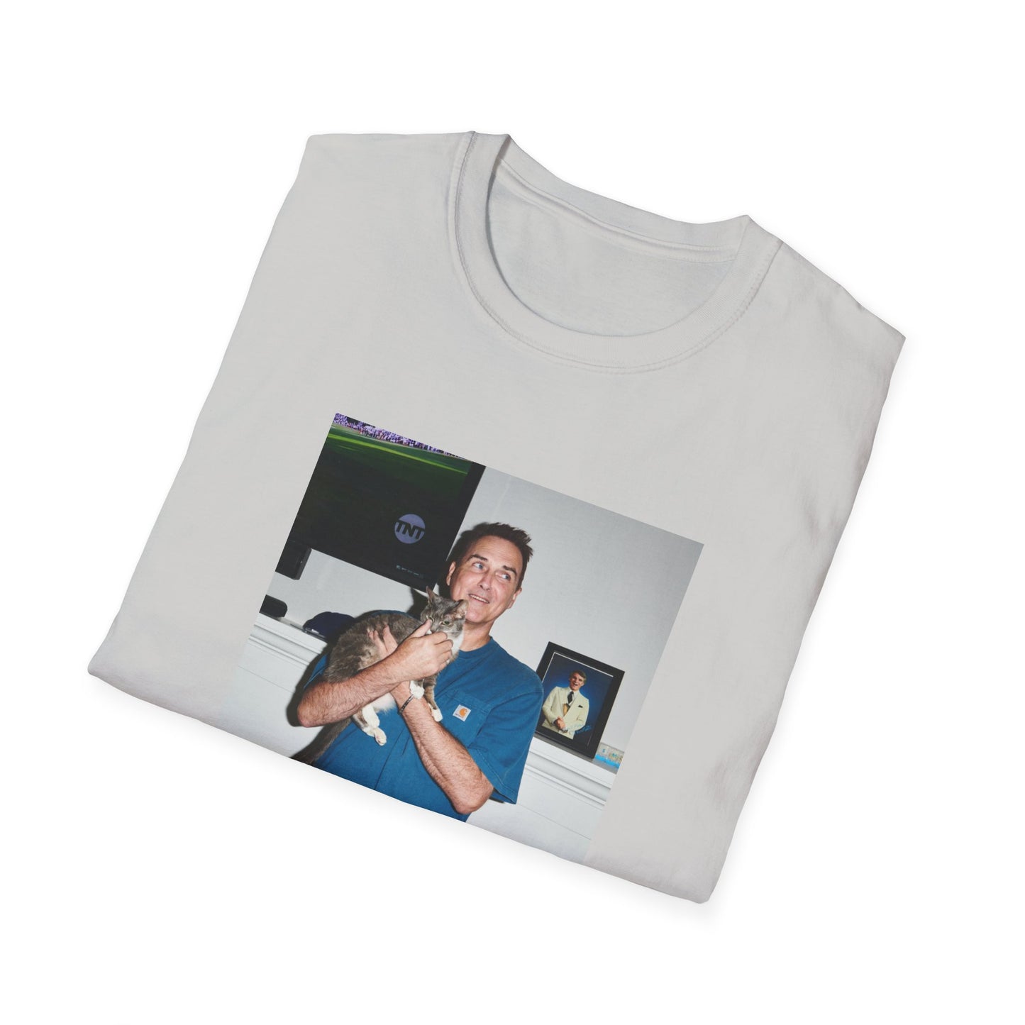 norm macdonald and his cat in front of a framed picture of steve martin close up tshirt