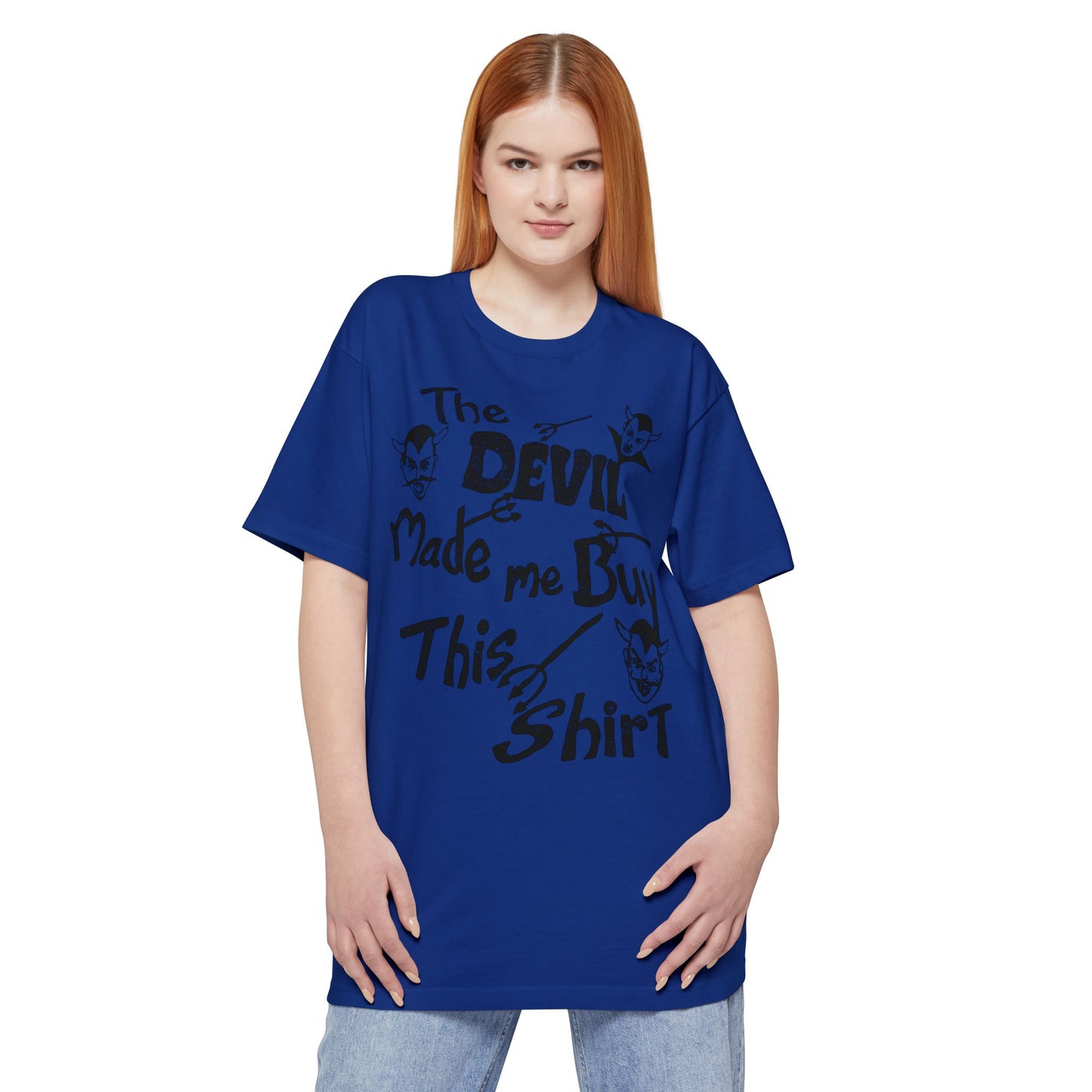oversized vintage the devil made me buy this shirt custom drawn reproduction unisex tall beefy tshirt