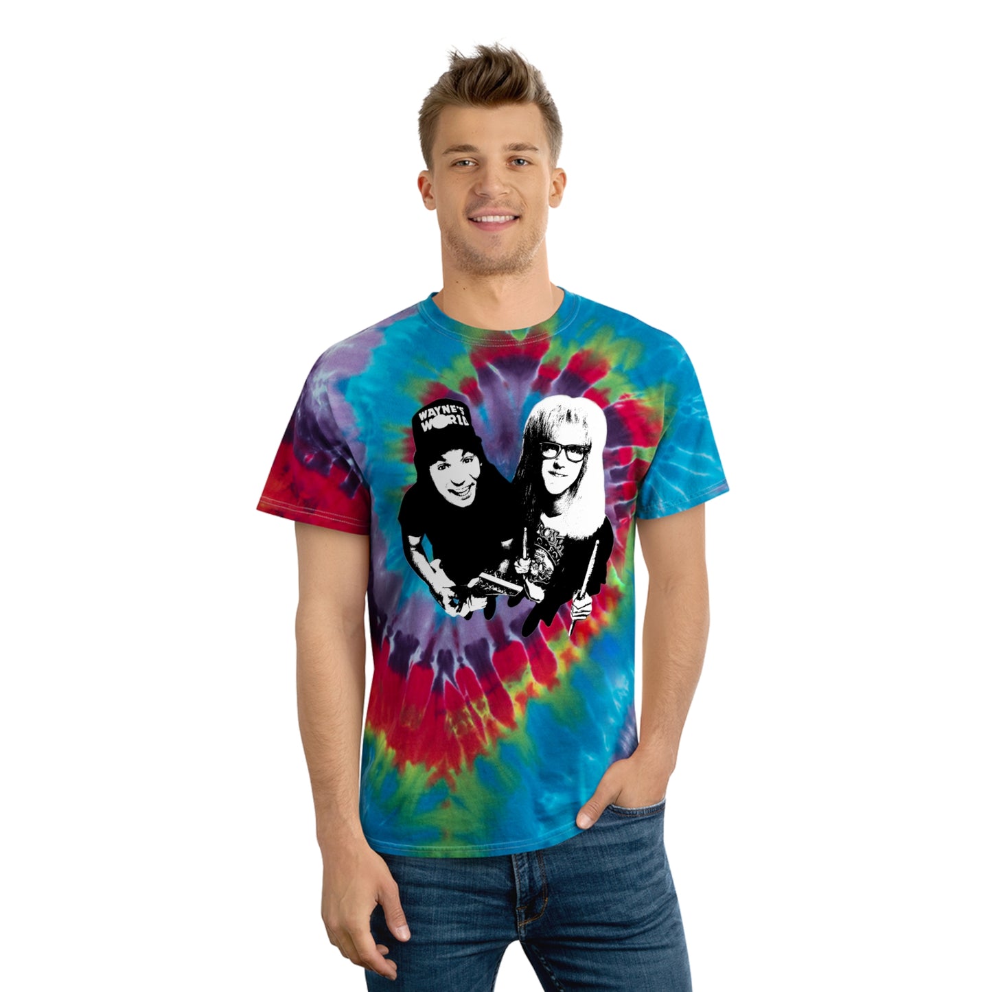 wayne's world stencil style tie dye tshirt