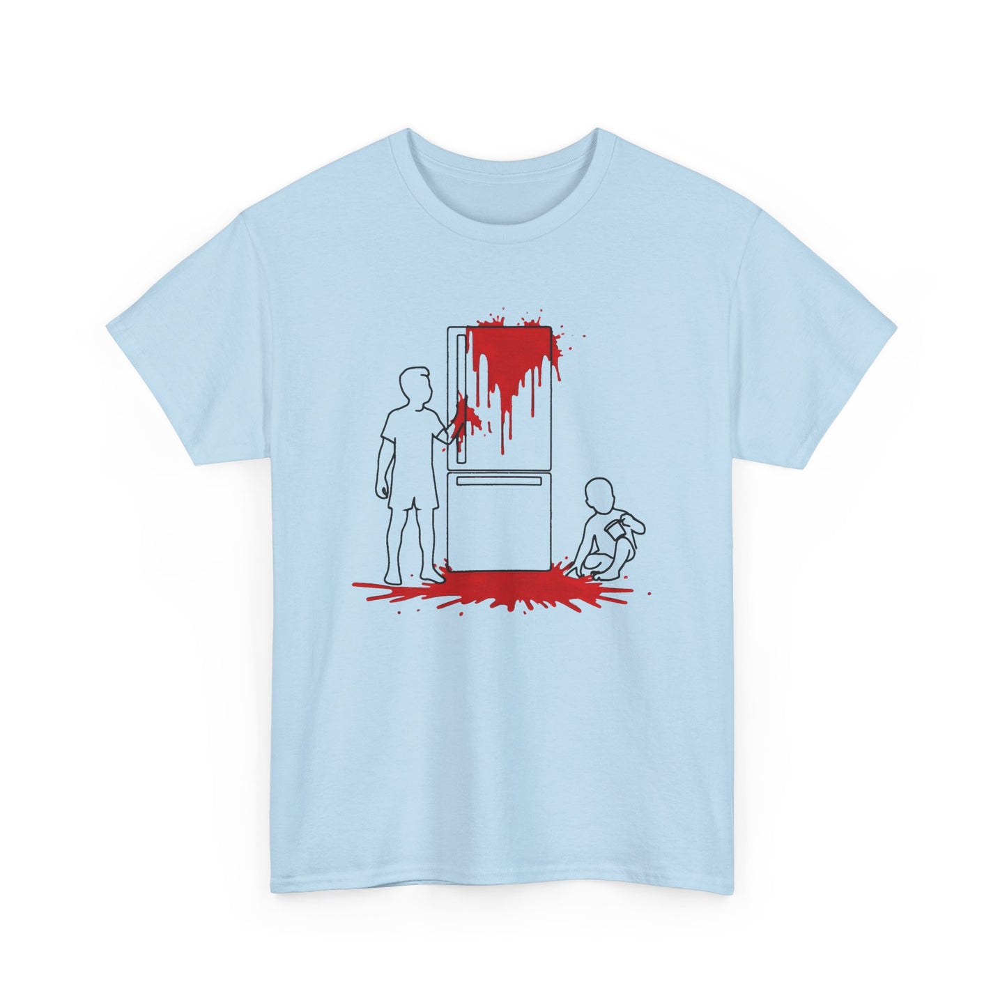 weird kitchen scene with ketchup on a fridge tshirt