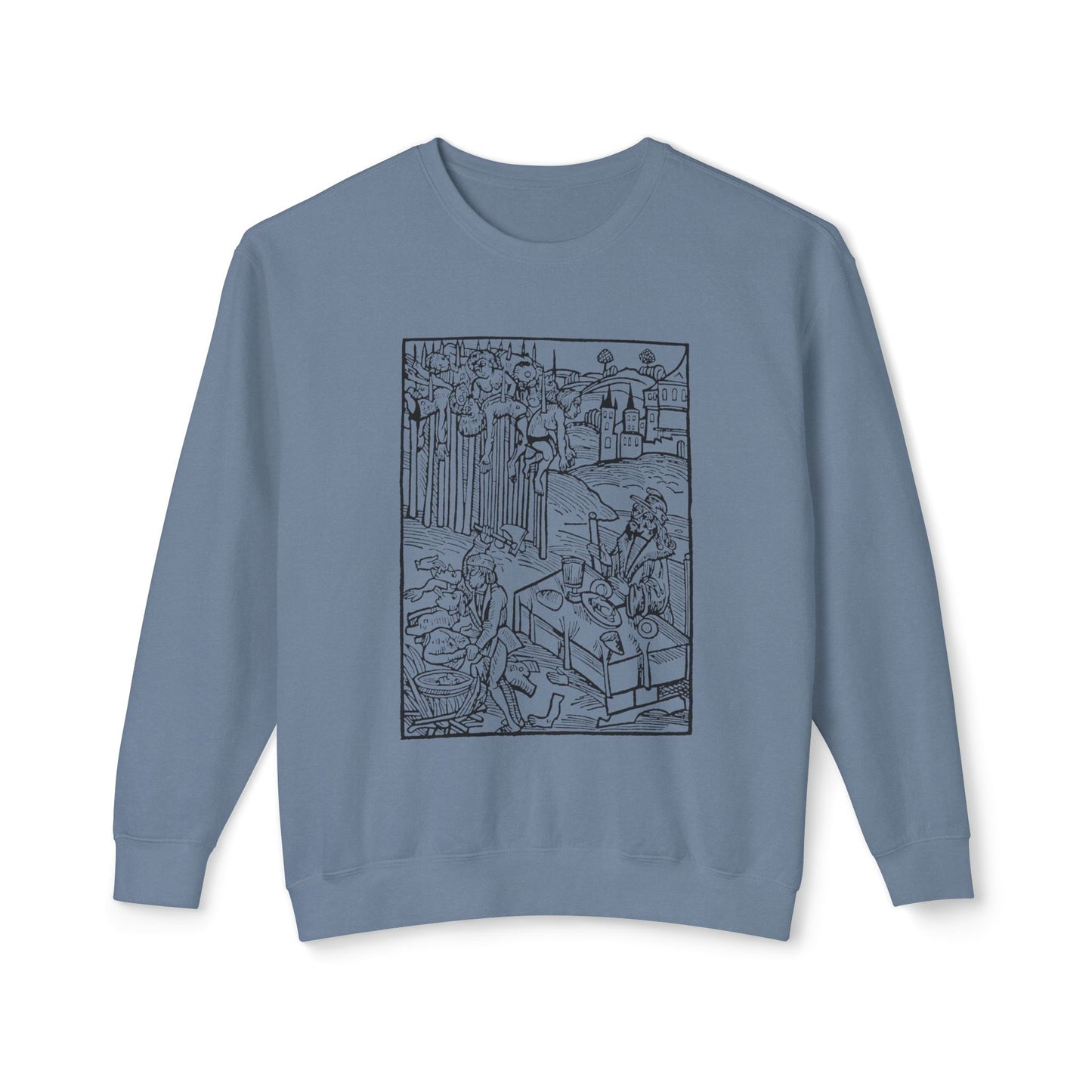 vlad the impaler dining near the mutilated bodies of his victims 1499 german woodcut by ambrosius huber 100% cotton sweatshirt