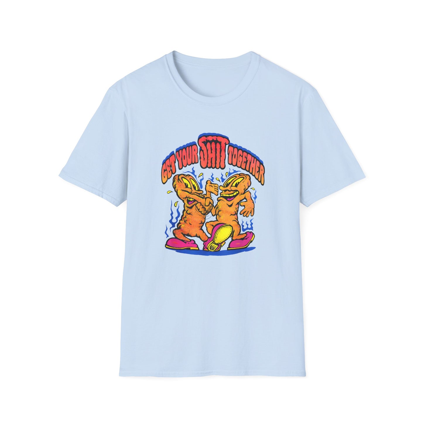 1970s graphic get your shit together two shits shaking hands tshirt