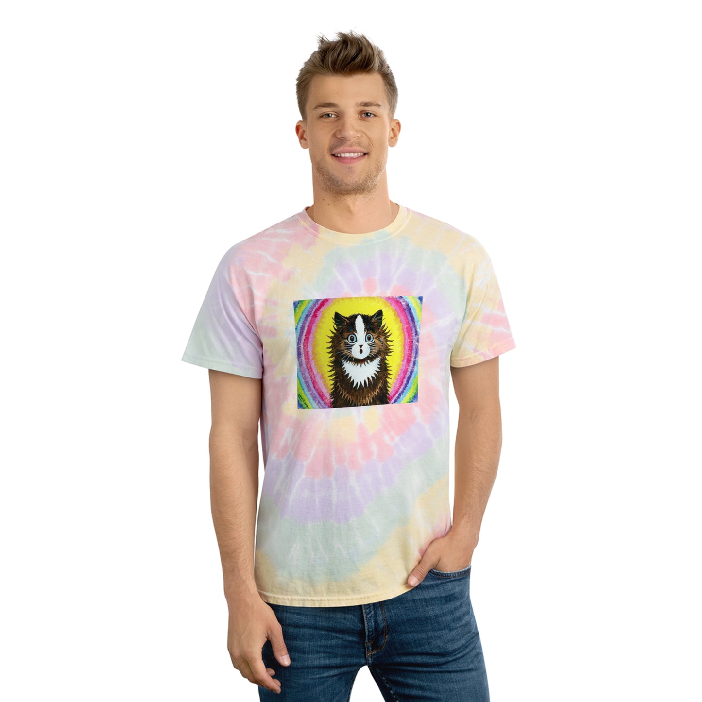 cat in a rainbow louis wain reproduction tie dye tshirt