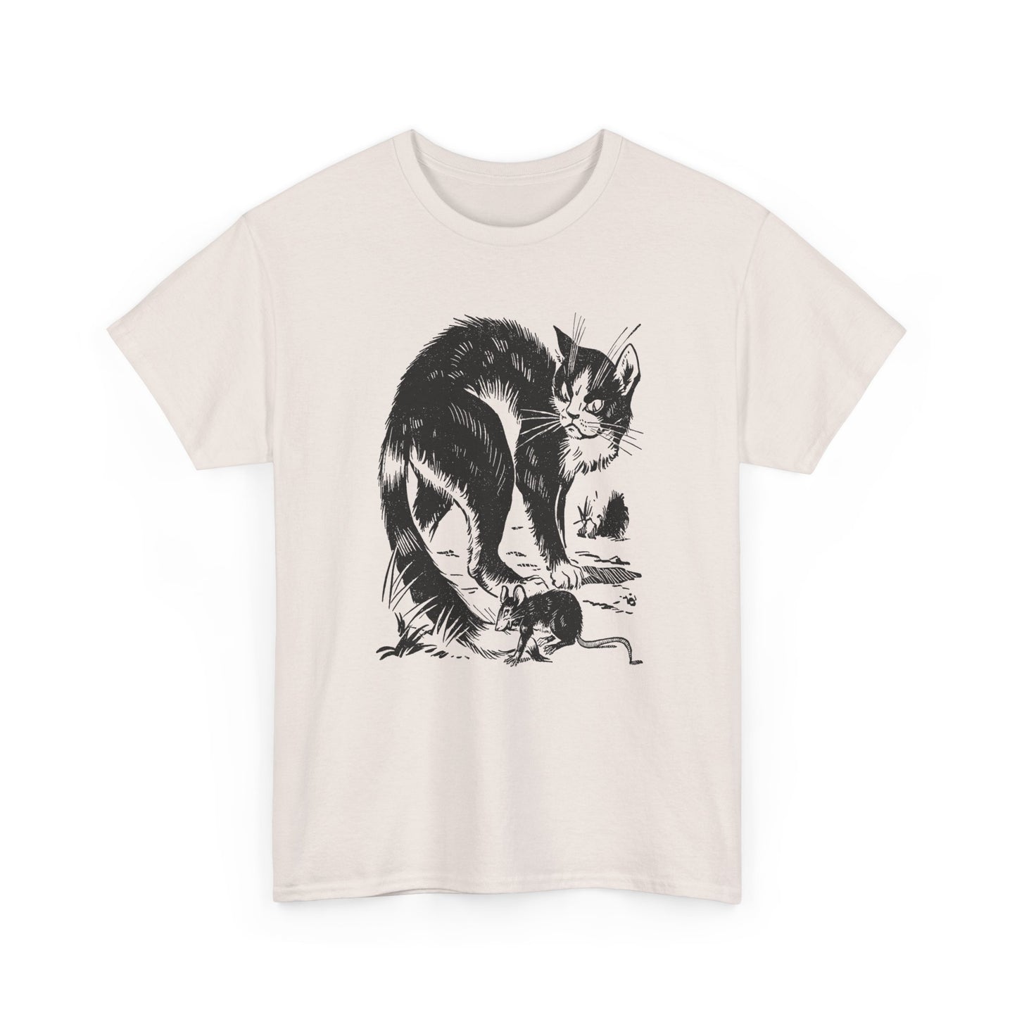 vintage french children's book illustration of angry cat and happy mouse reproduction tshirt