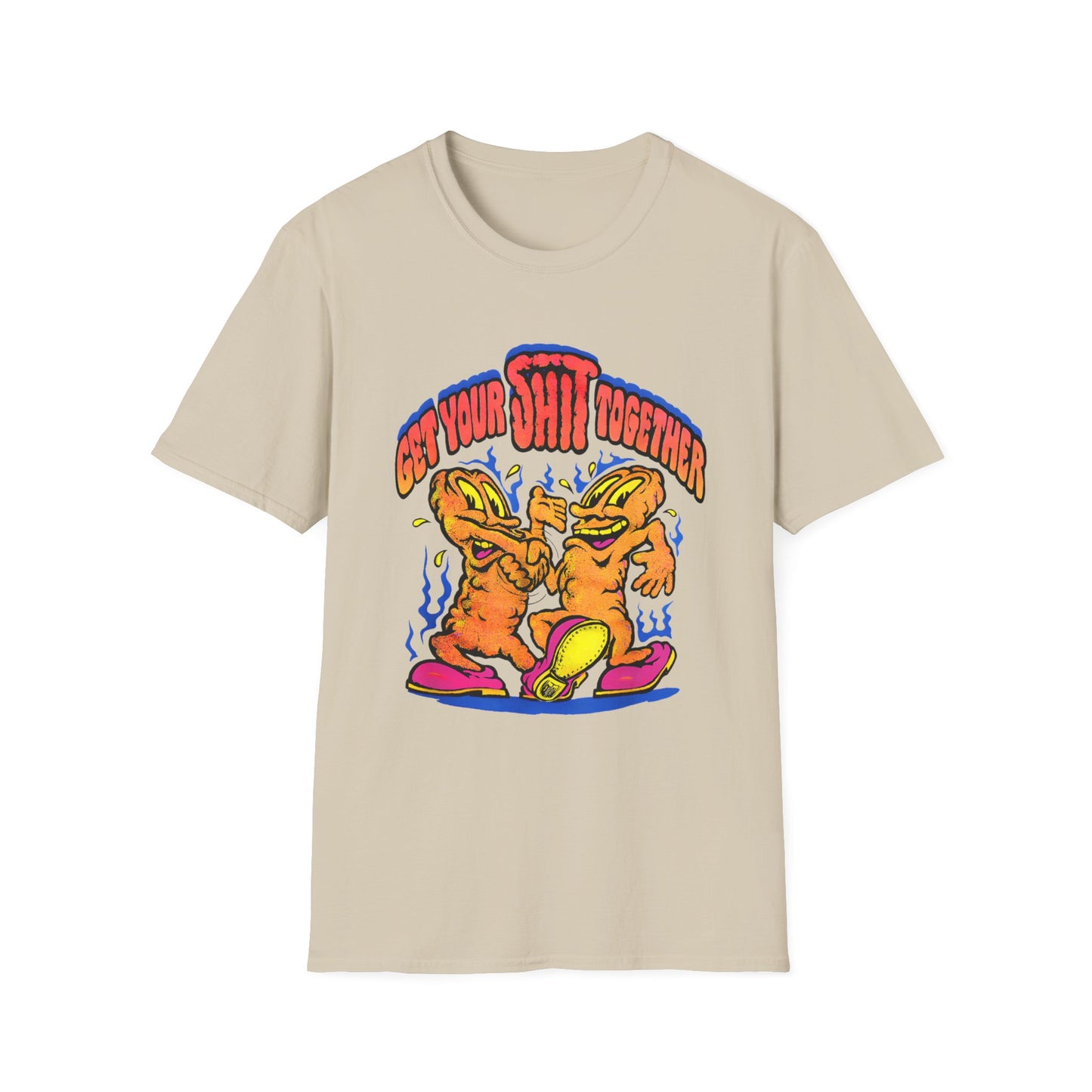 1970s graphic "get your shit together" two shits shaking hands tshirt