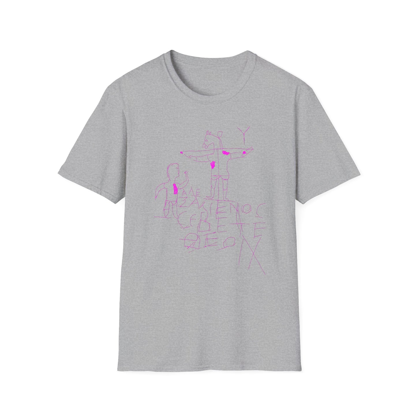 alexamenos graffito blasphemous young man worships donkey early graffiti 200 BC in pink tshirt