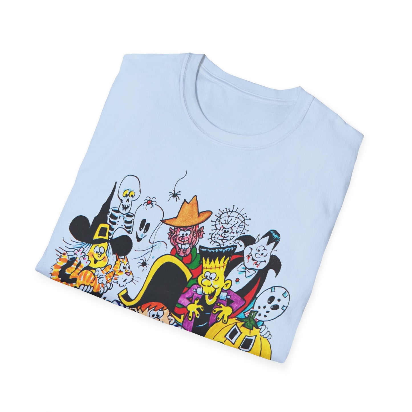 adorable cartoon witches, skeletons, jasons, freddys, and pumpkins halloween tshirt