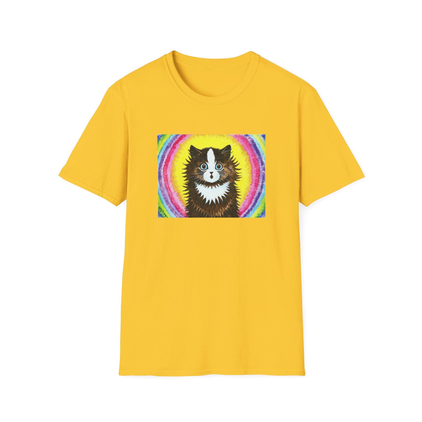 louis wain cat in a rainbow watercolour and gouache on paper reproduction tshirt