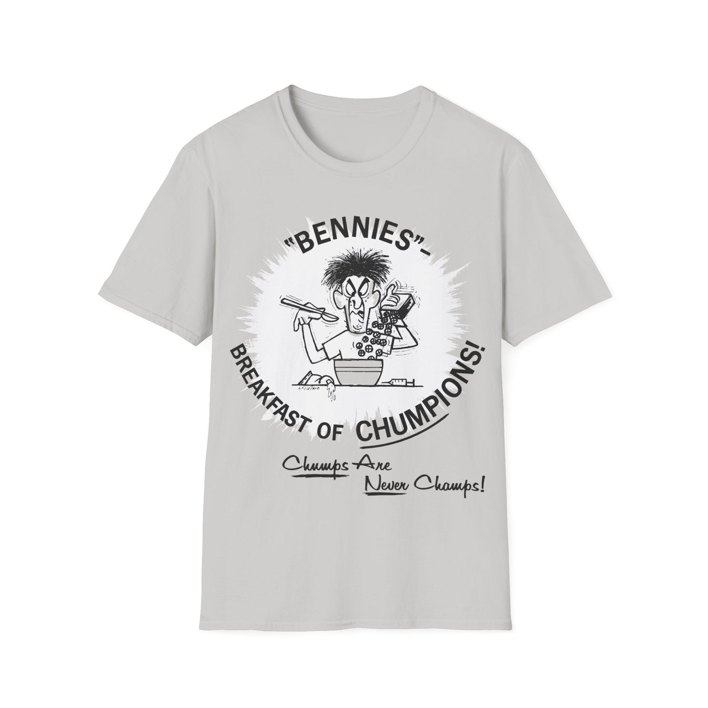 1960s/70s anti-drug poster tshirt "bennies - breakfast of chumpions! chumps are never champs!" by smartset smarteen s.o.s tshirt