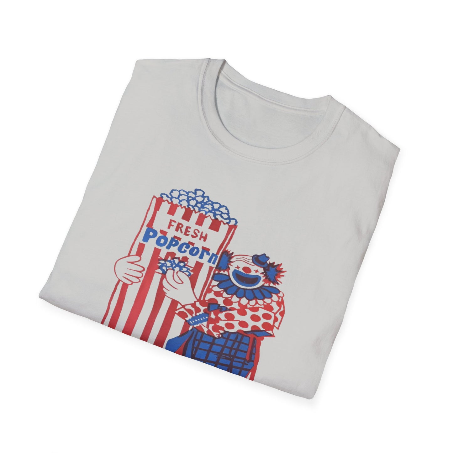 1960s popcorn box logo with a clown mascot tshirt