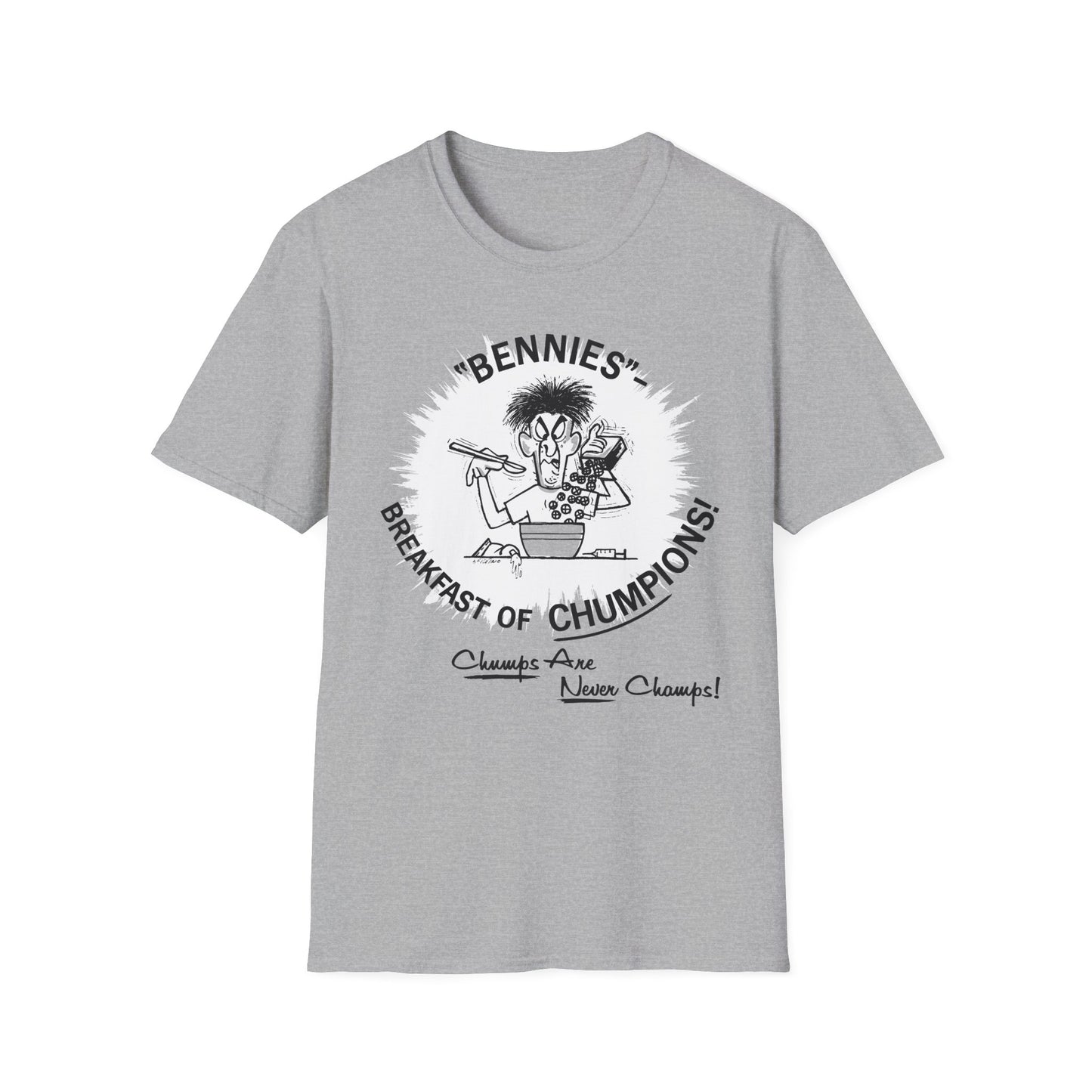 1960s/70s anti-drug poster tshirt "bennies - breakfast of chumpions! chumps are never champs!" by smartset smarteen s.o.s tshirt