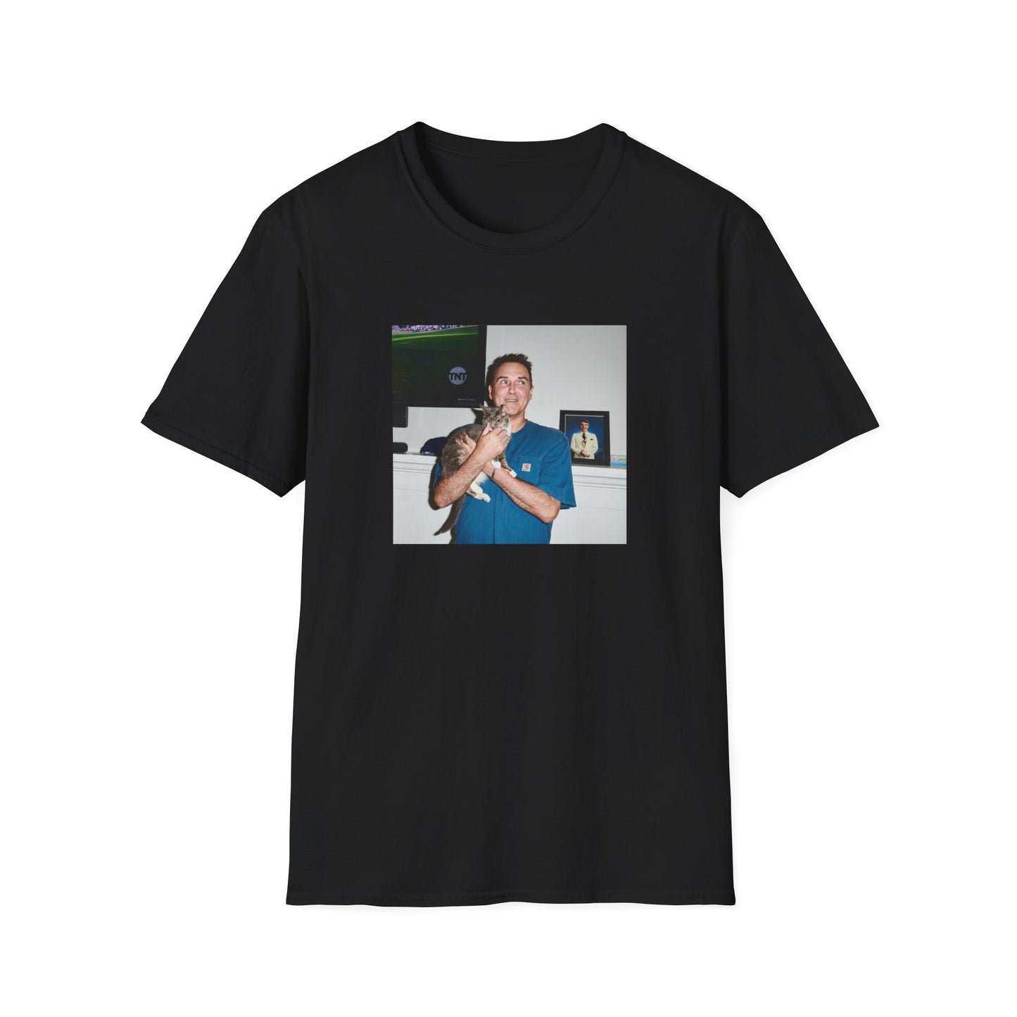 norm macdonald and his cat in front of a framed picture of steve martin close up tshirt