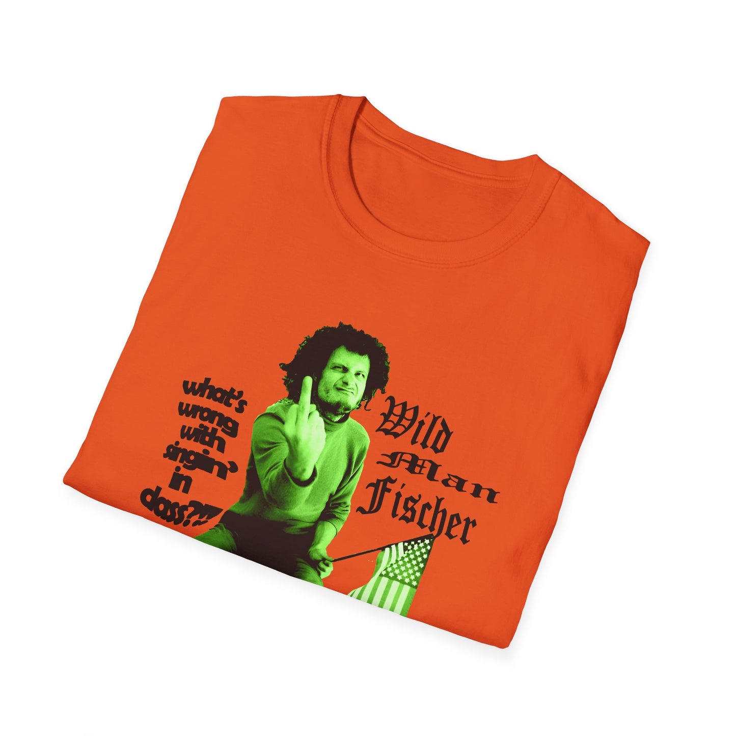 wild man fischer middle finger in green tshirt