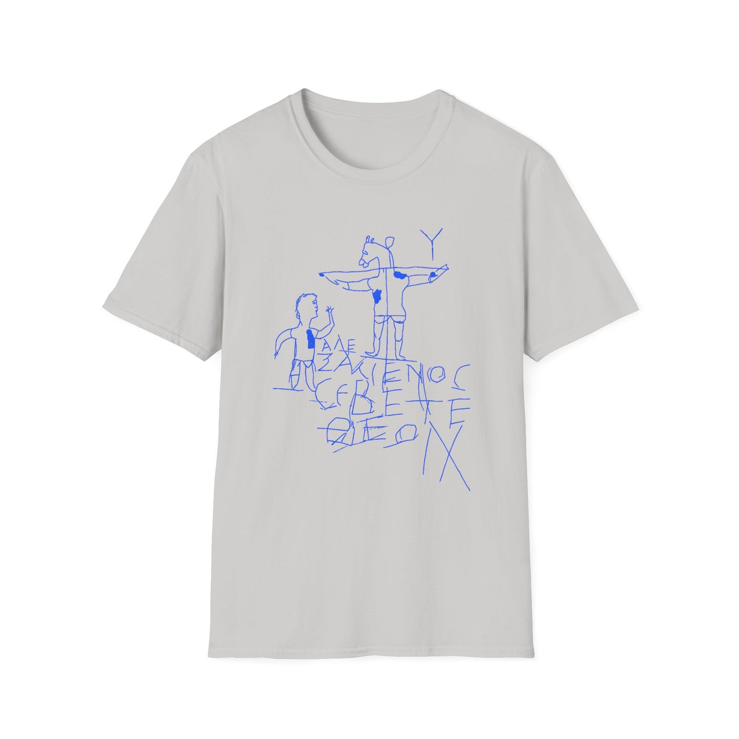 alexamenos graffito blasphemous young man worships donkey early graffiti 200 BC in blue tshirt