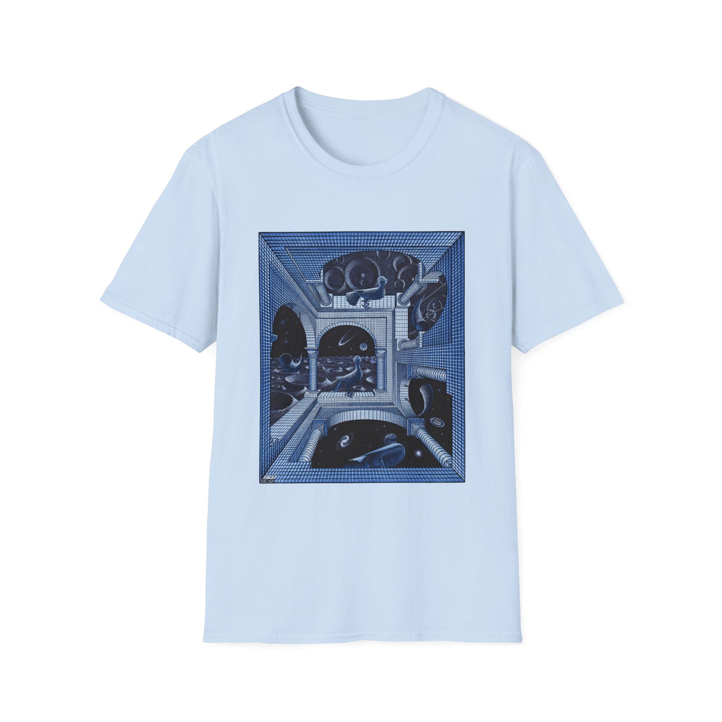 1947 m.c escher another world in blue tshirt