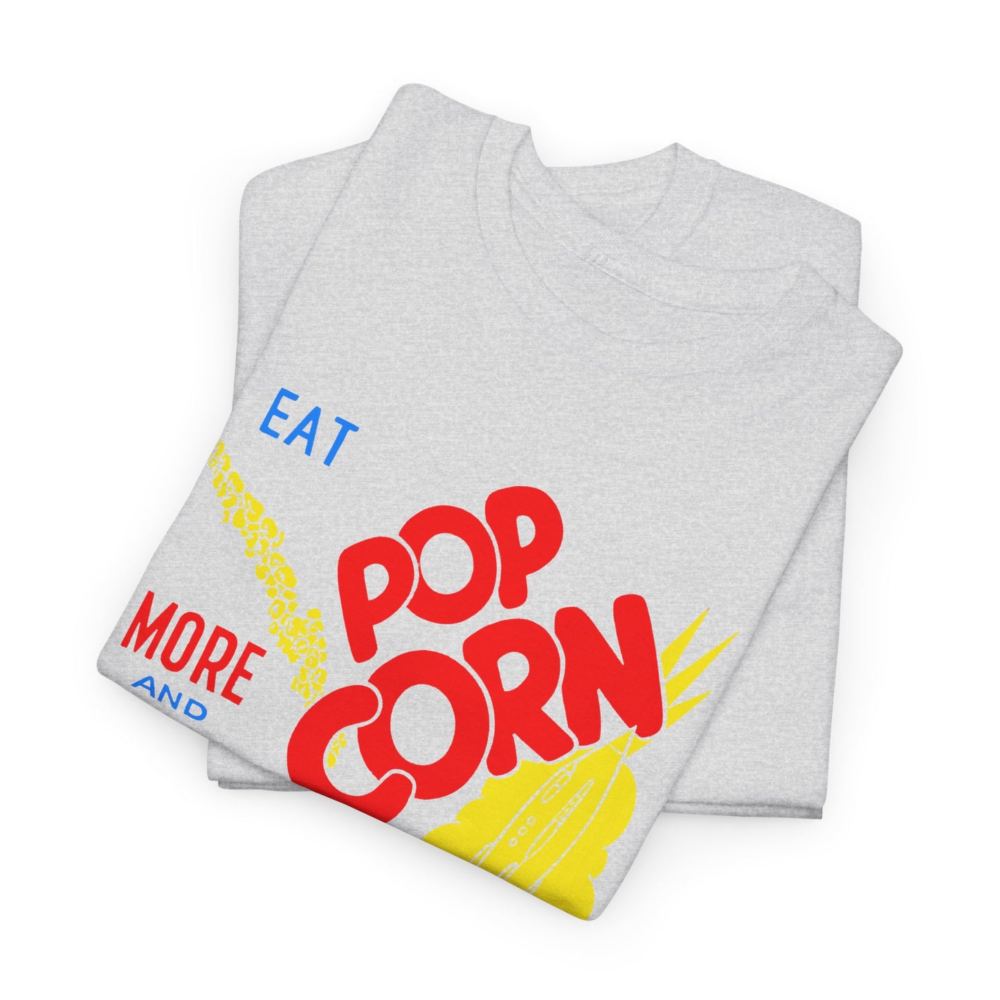 1950s coloured popcorn box logo eat popcorn more and more and more out of this world! tshirt