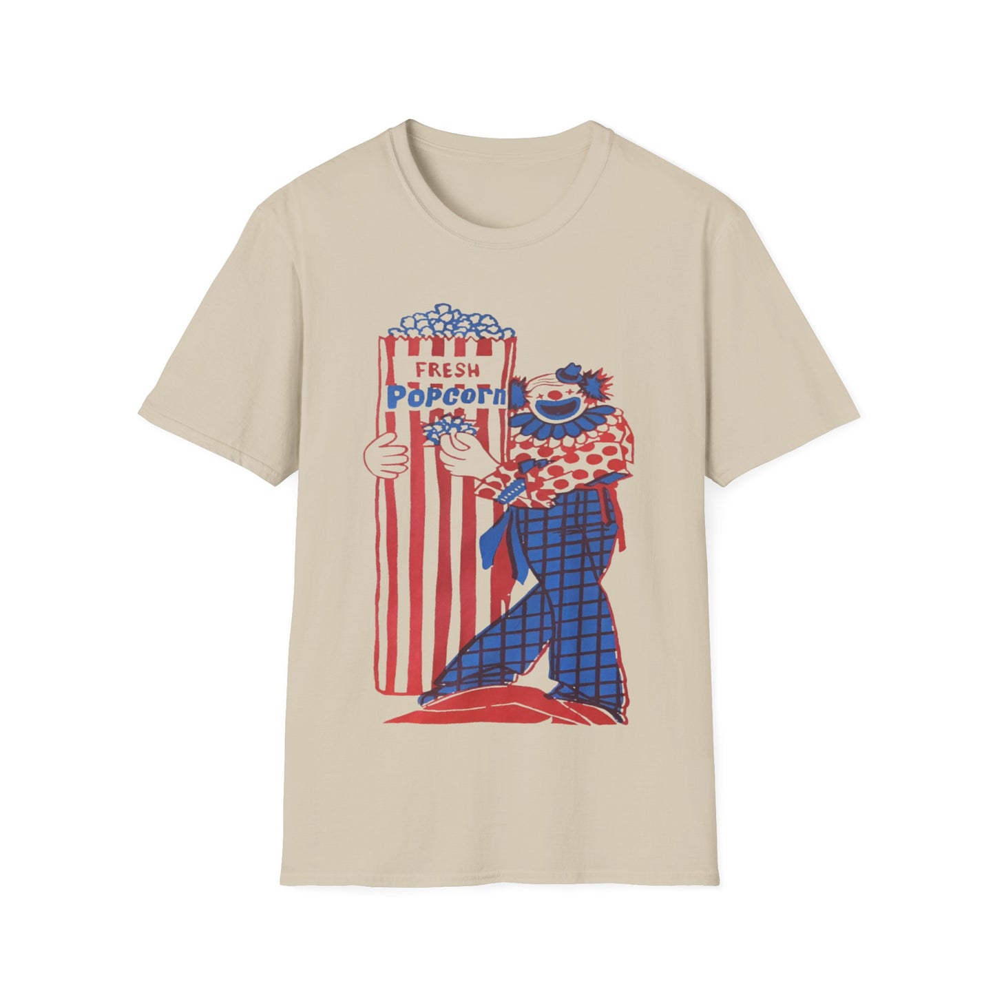 1960s popcorn box logo with a clown mascot tshirt