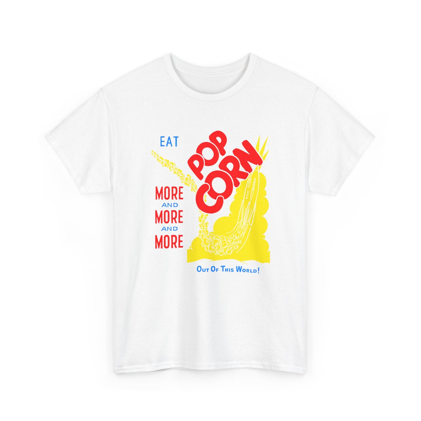 1950s coloured popcorn box logo eat popcorn more and more and more out of this world! tshirt