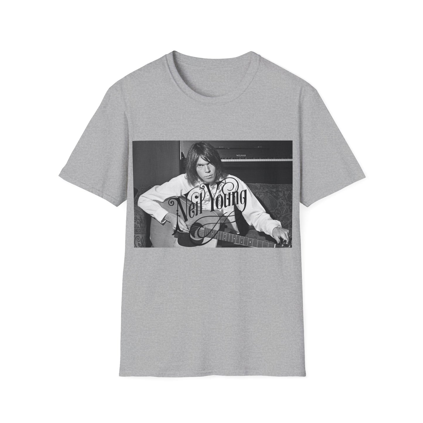 young neil young playing his acoustic guitar tshirt