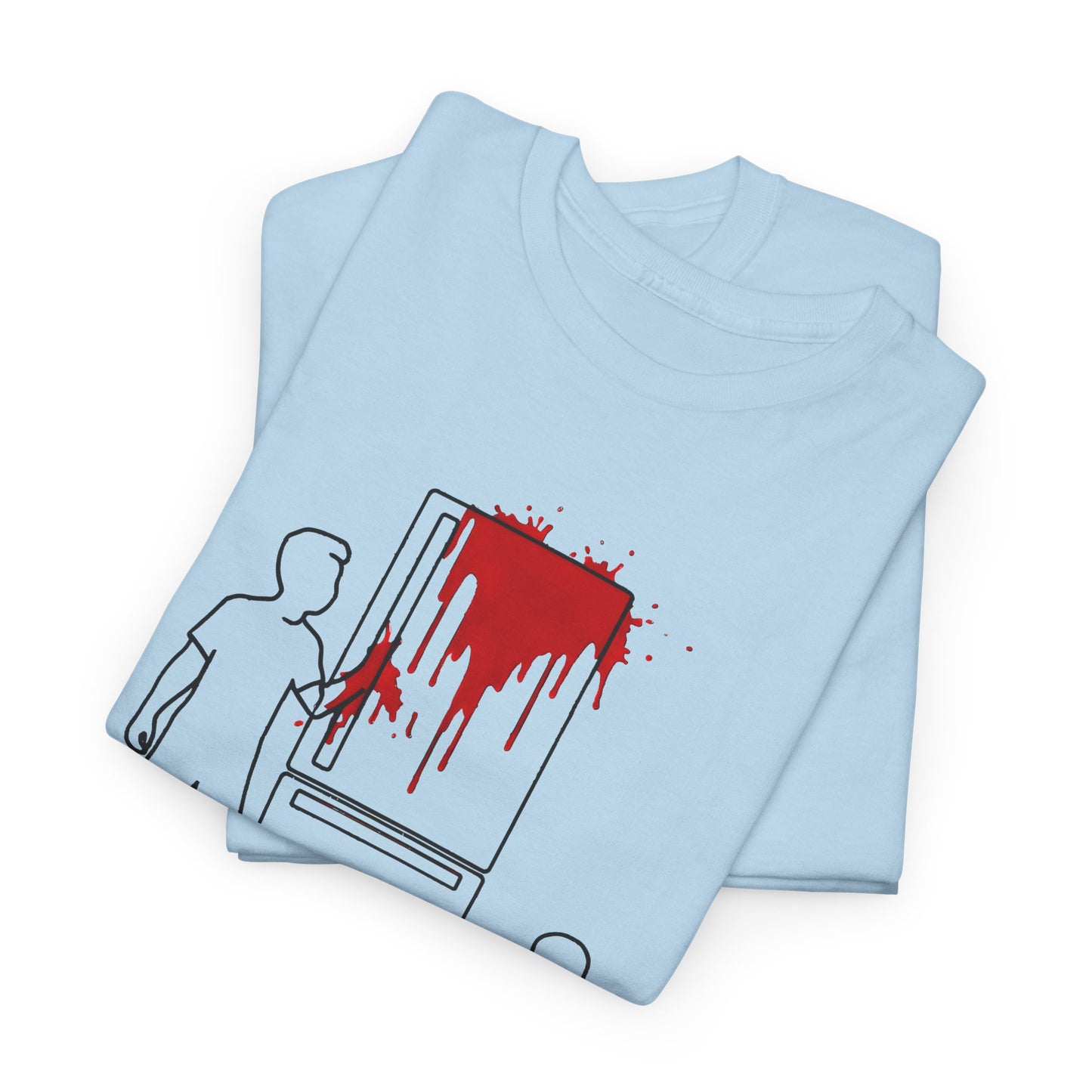 weird kitchen scene with ketchup on a fridge tshirt