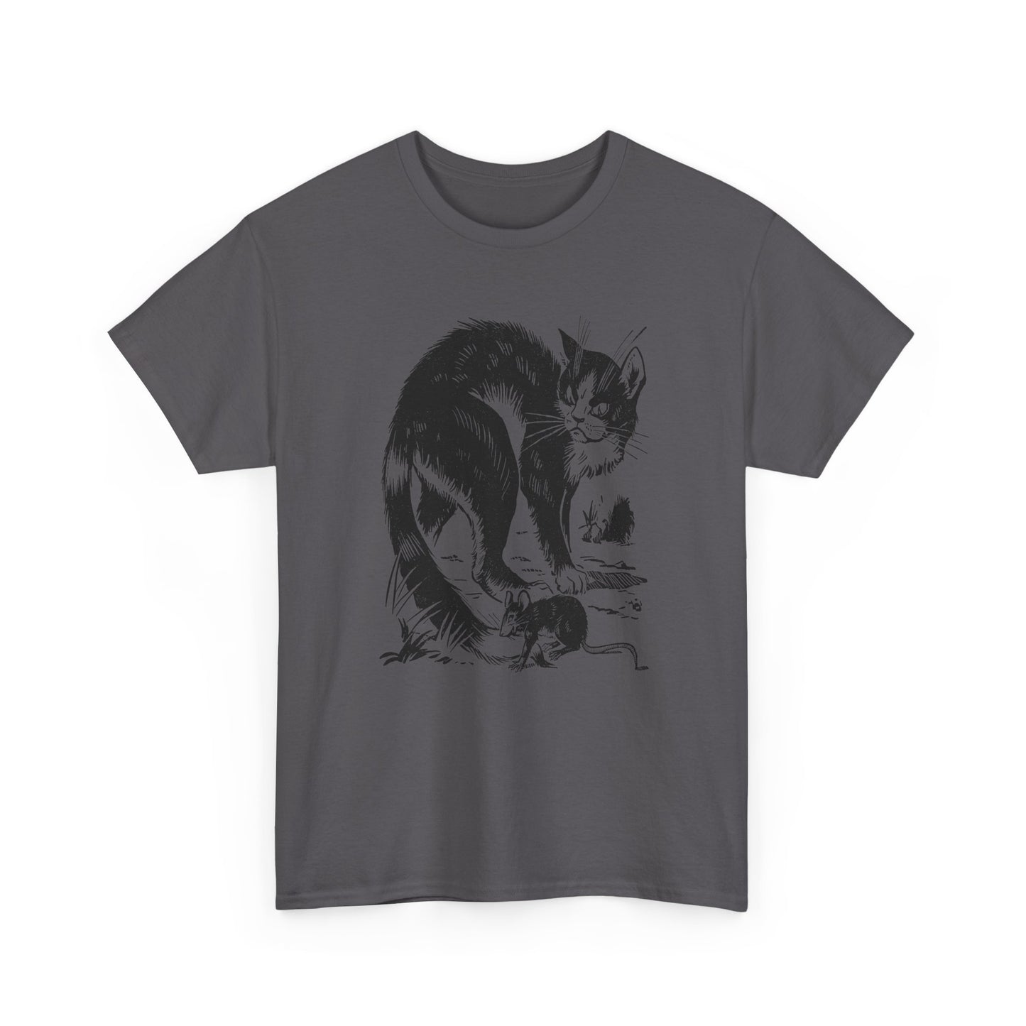 vintage french children's book illustration of angry cat and happy mouse reproduction tshirt